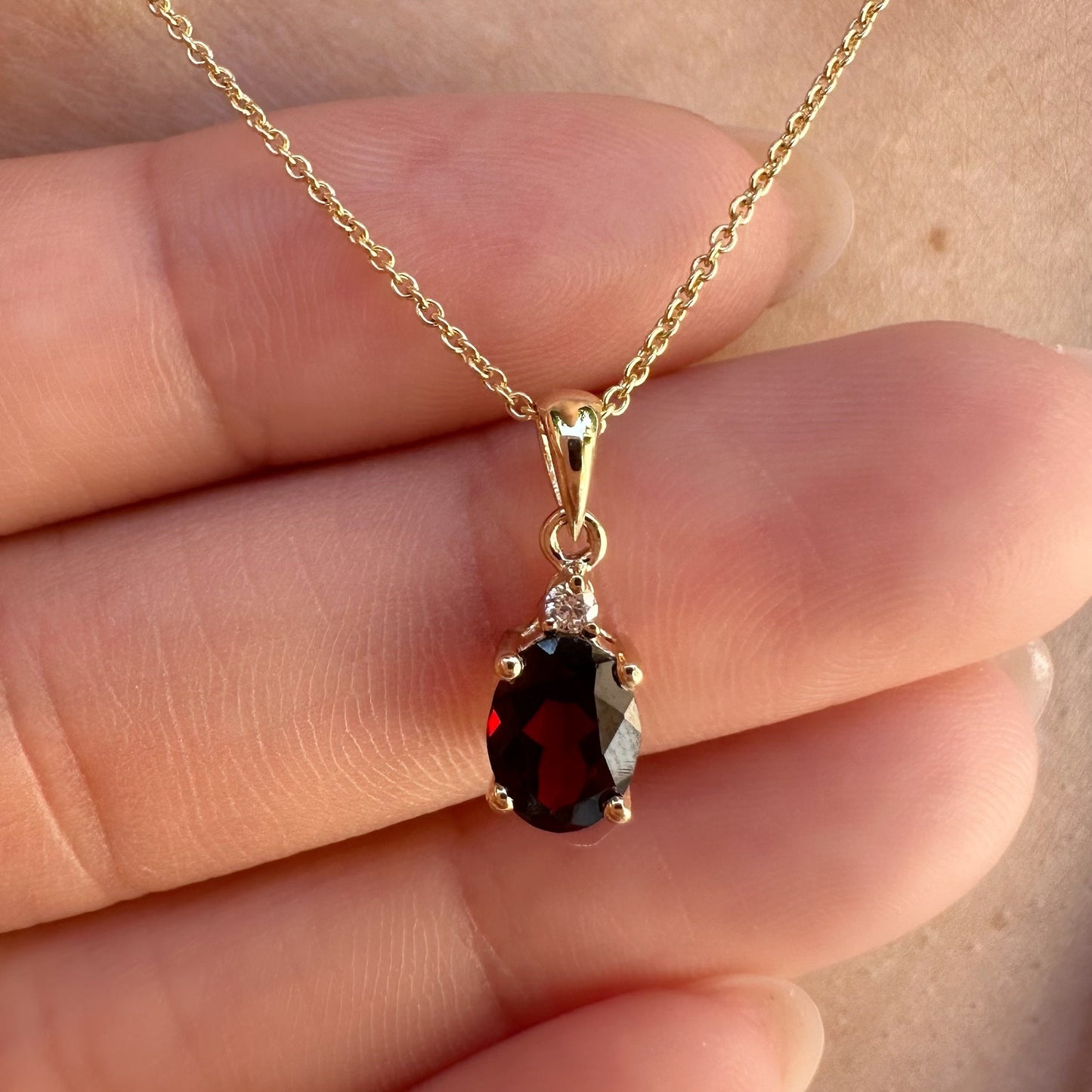 14K Solid Gold Genuine Oval Garnet and Diamond Pendant