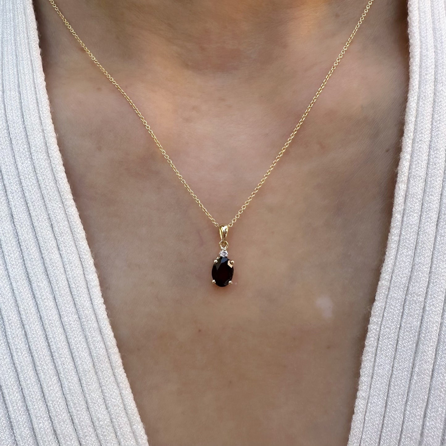 14K Solid Gold Genuine Oval Garnet and Diamond Pendant