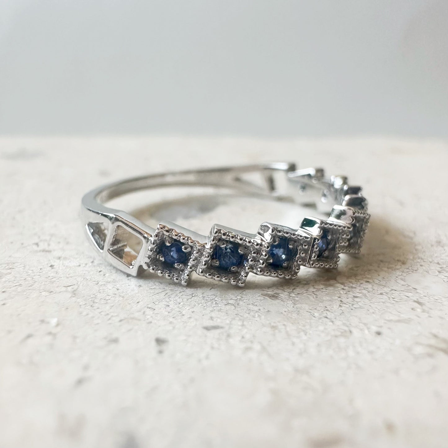 14K Solid White Gold Genuine Sapphire Band