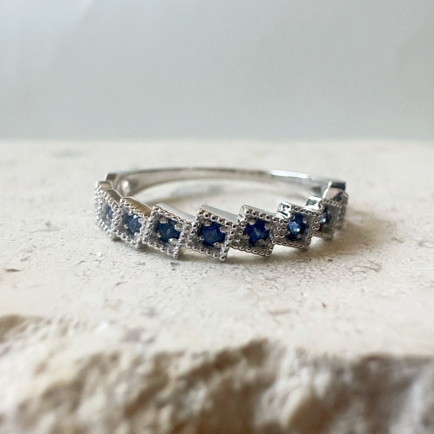 14K Solid White Gold Genuine Sapphire Band