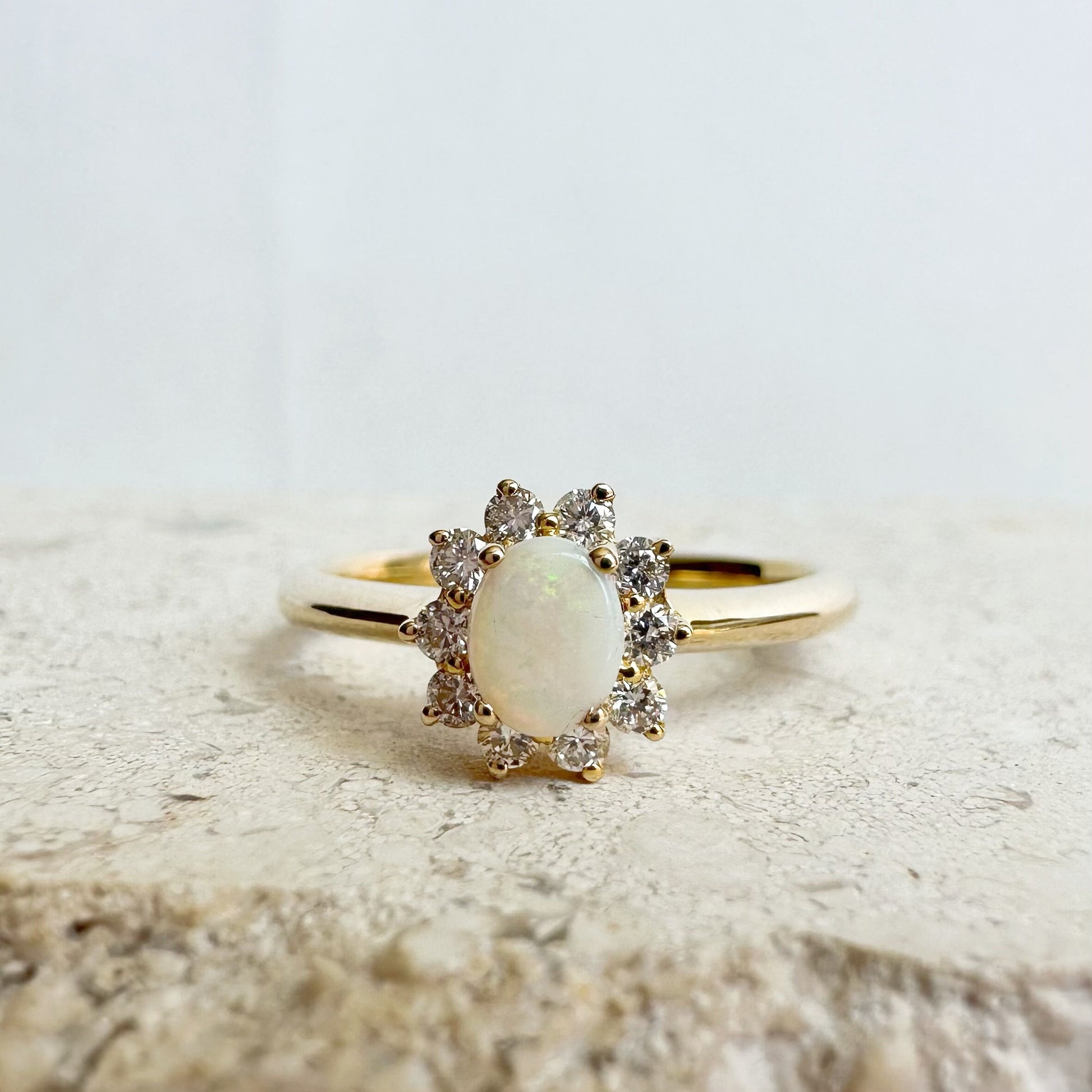 14K Solid Gold Opal and Diamond Halo Ring