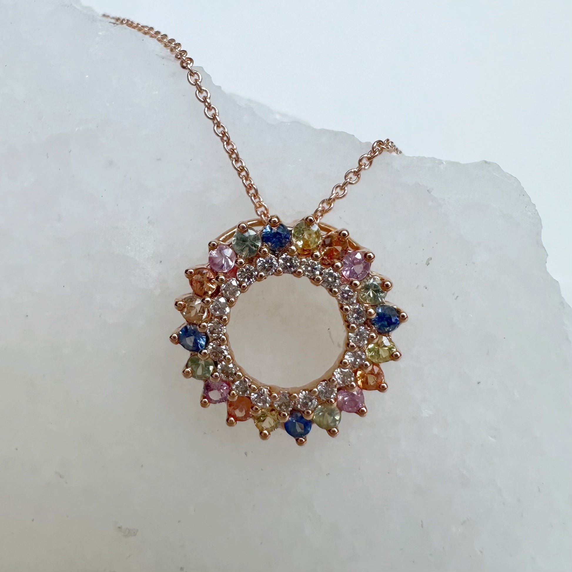 18K Solid Gold Genuine Rainbow Circle Pendant (pendant only)
