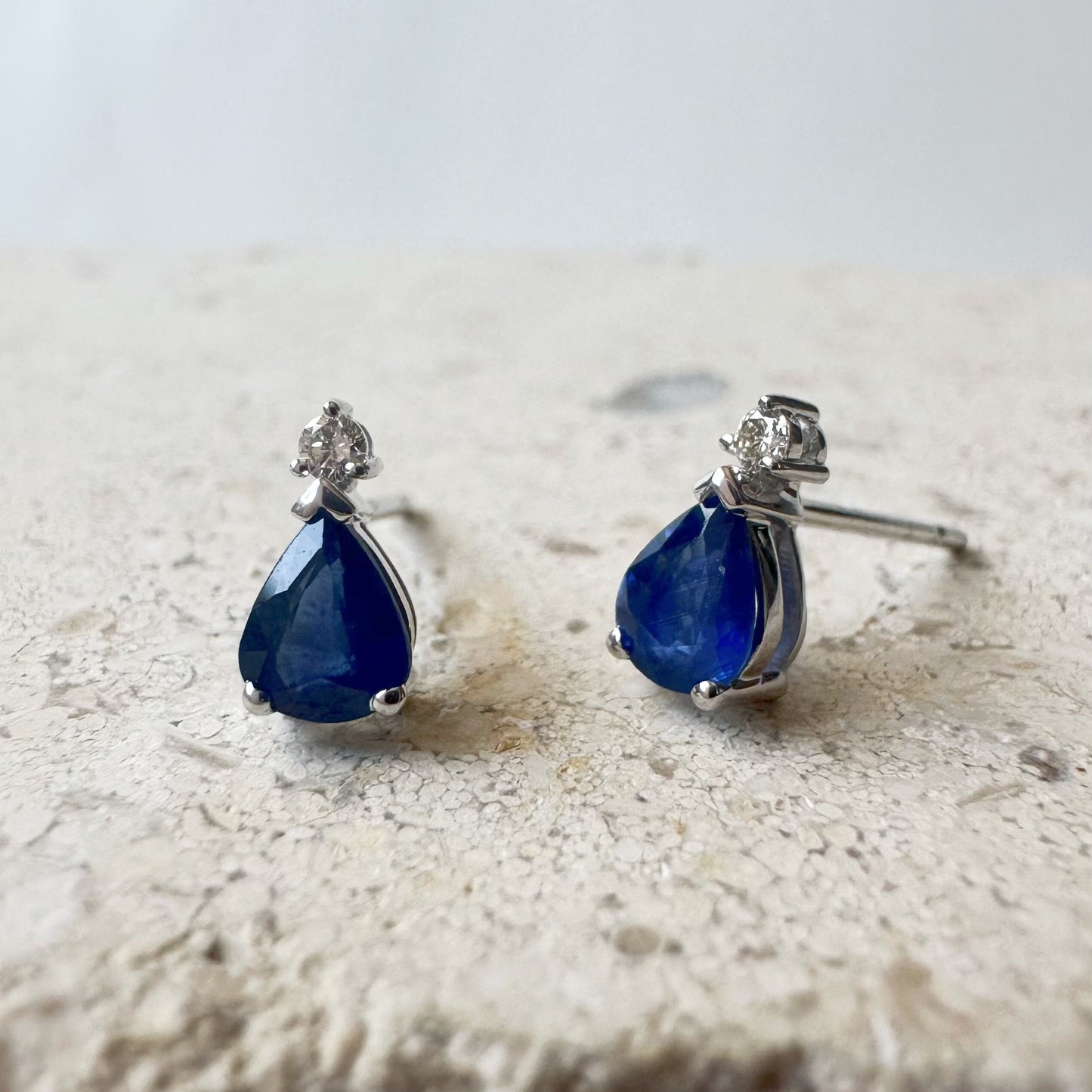 14K Solid White Gold Teardrop Sapphire and Diamond Studs