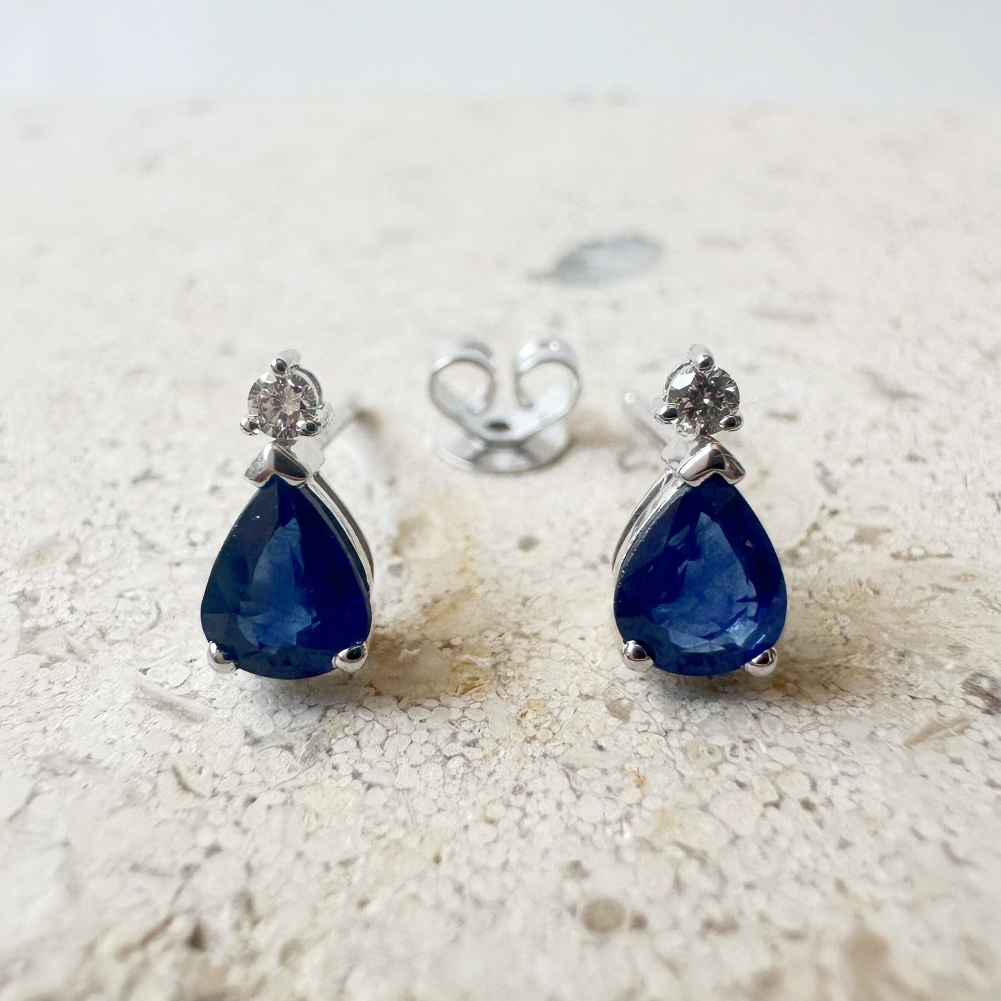 14K Solid White Gold Teardrop Sapphire and Diamond Studs