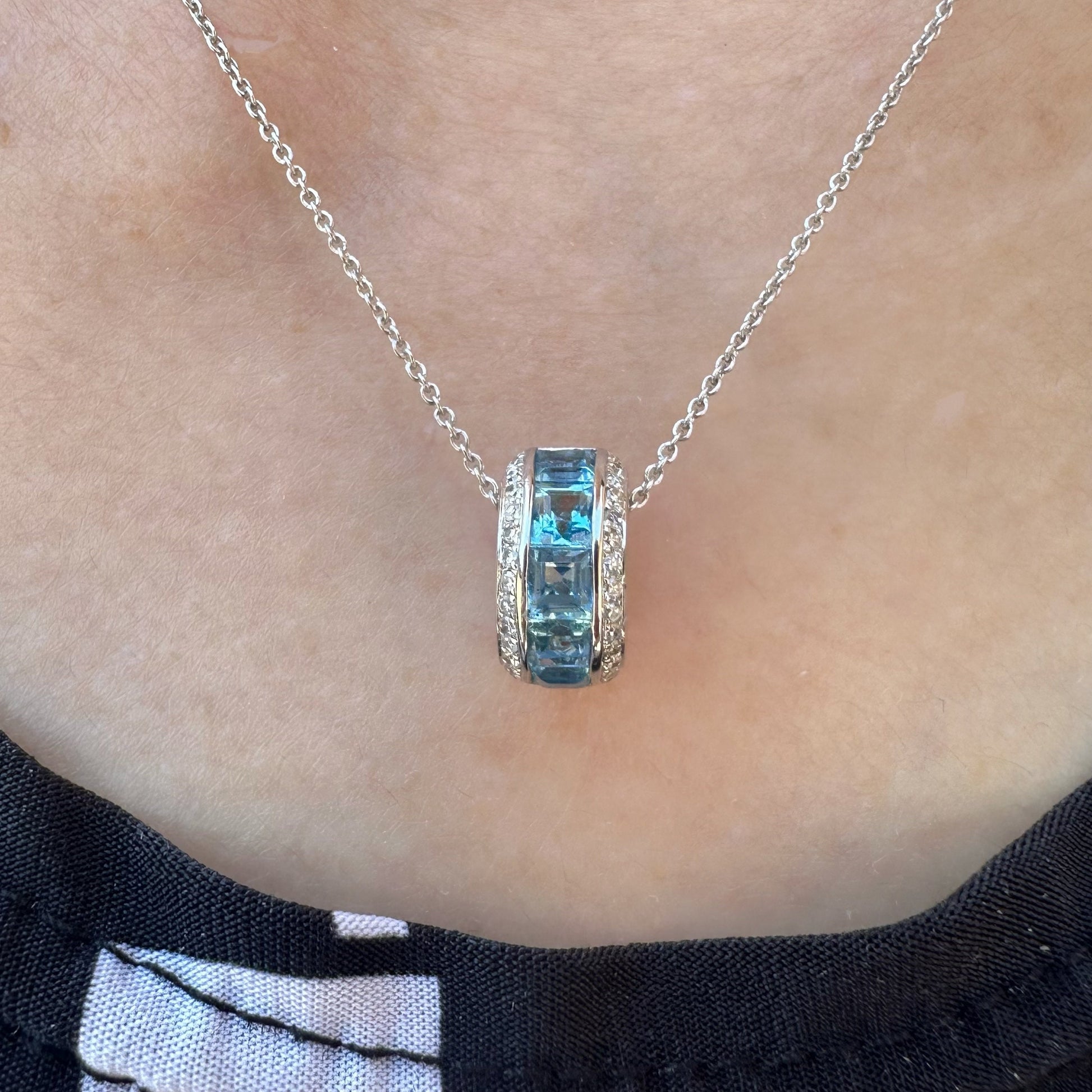 18K Solid White Gold Genuine Blue Topaz and Diamond Barrel Pendant