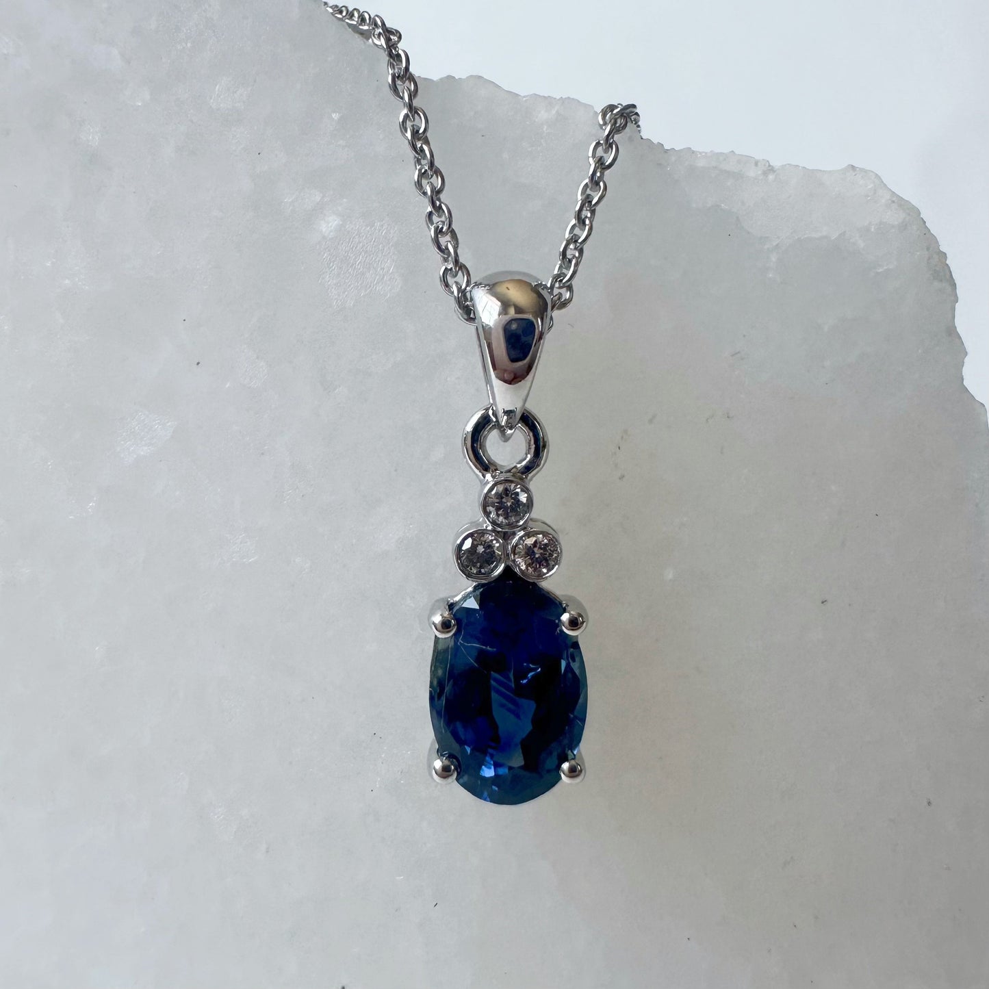 14K Solid White Gold Genuine Sapphire and Trio Diamond Pendant