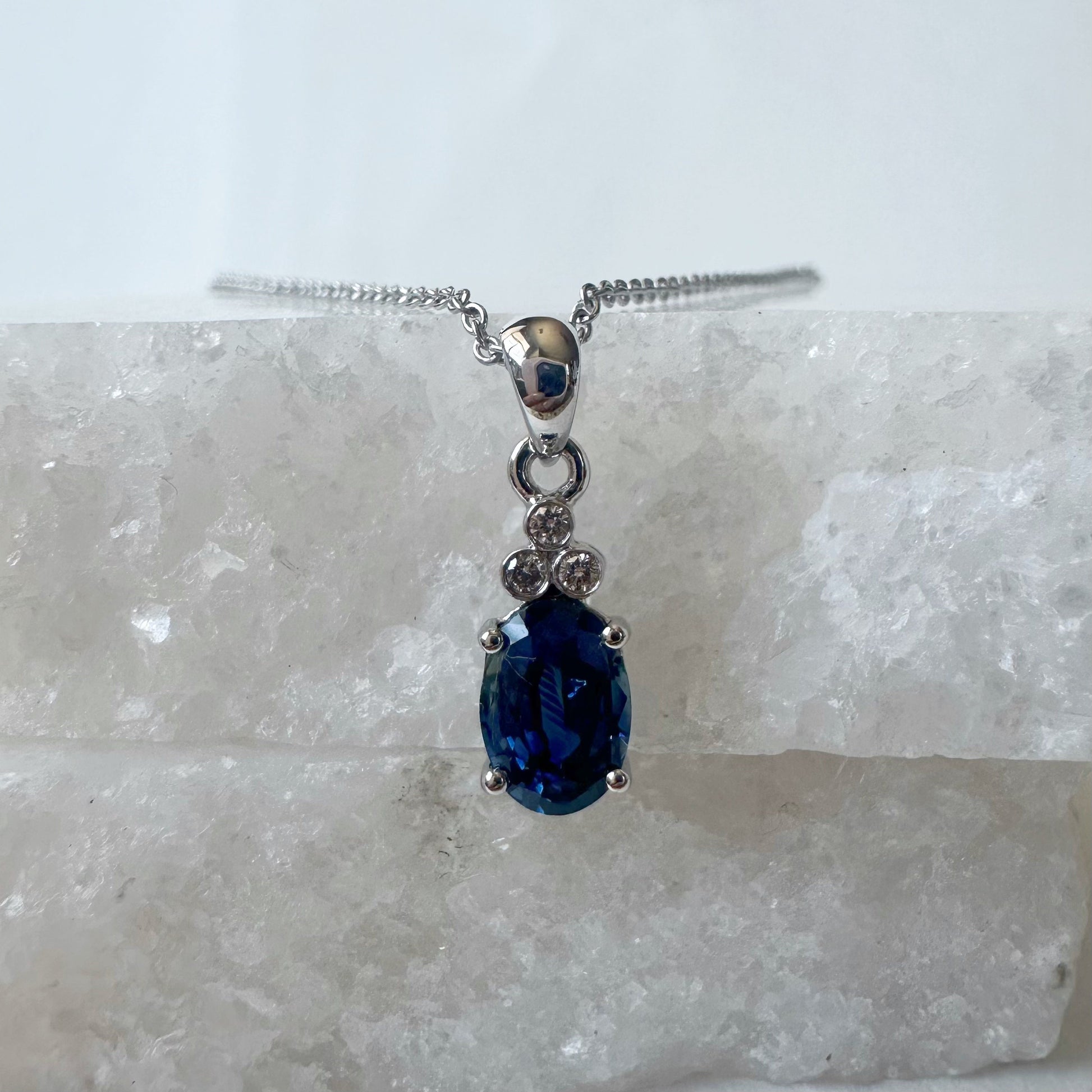 14K Solid White Gold Genuine Sapphire and Trio Diamond Pendant