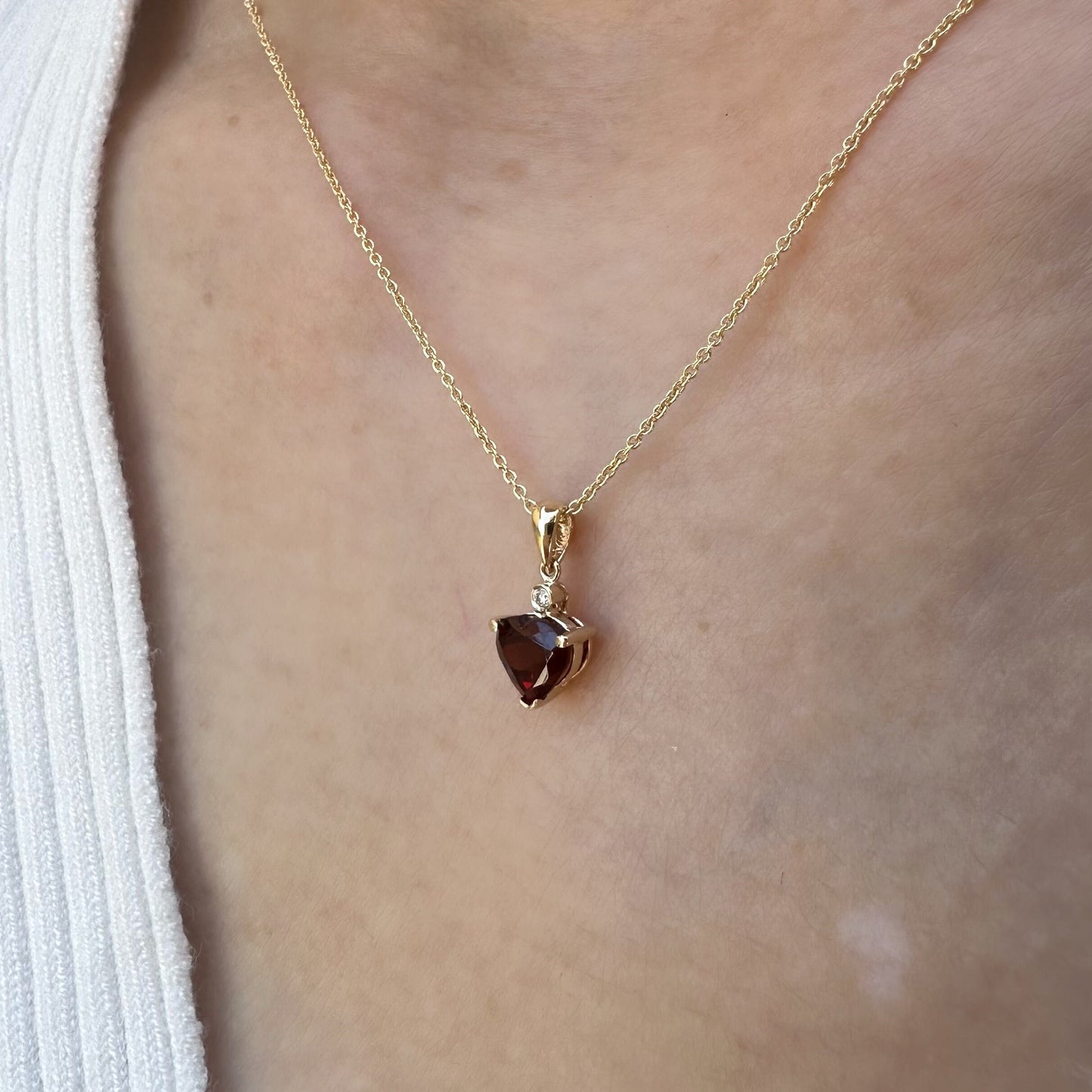 14K Solid Gold Heart Shaped Genuine Garnet and Diamond Pendant