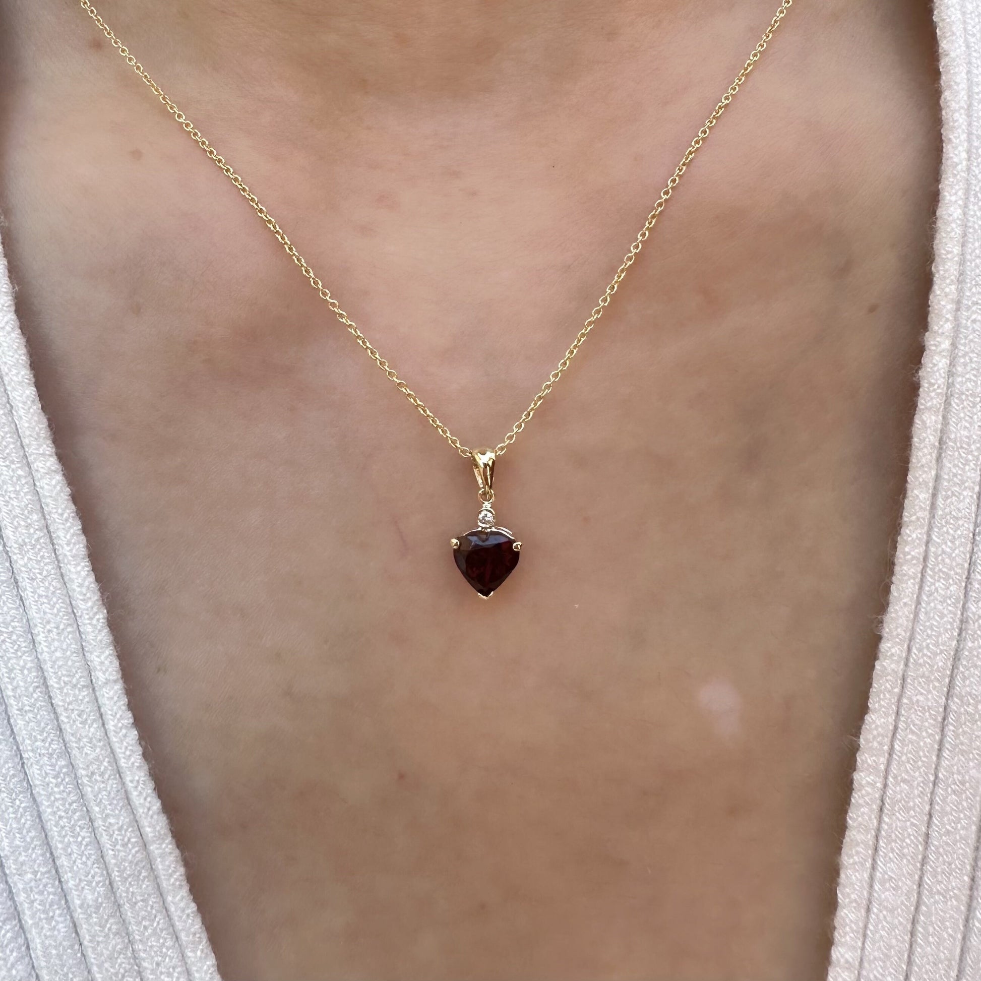 14K Solid Gold Heart Shaped Genuine Garnet and Diamond Pendant