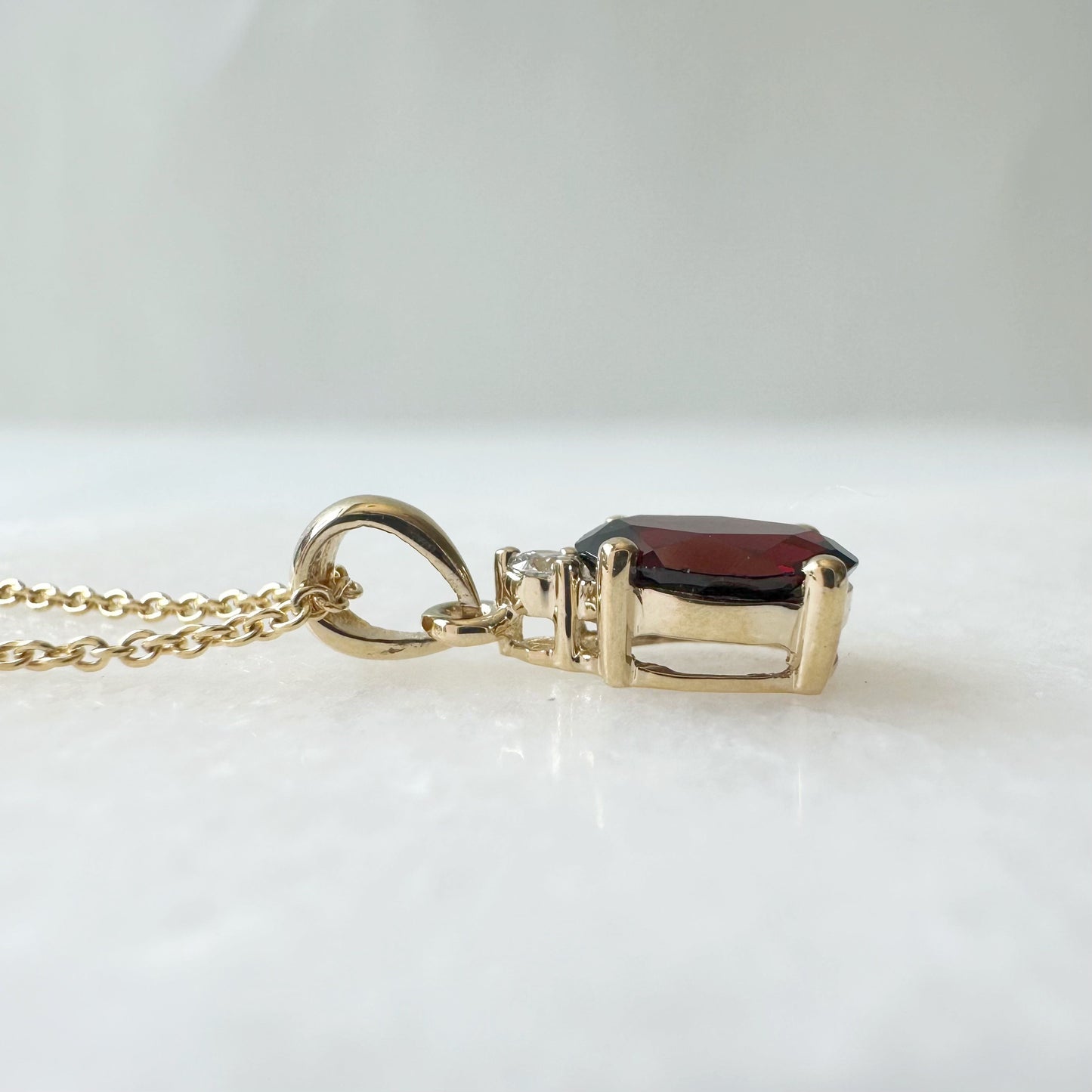 14K Solid Gold Genuine Oval Garnet and Diamond Pendant