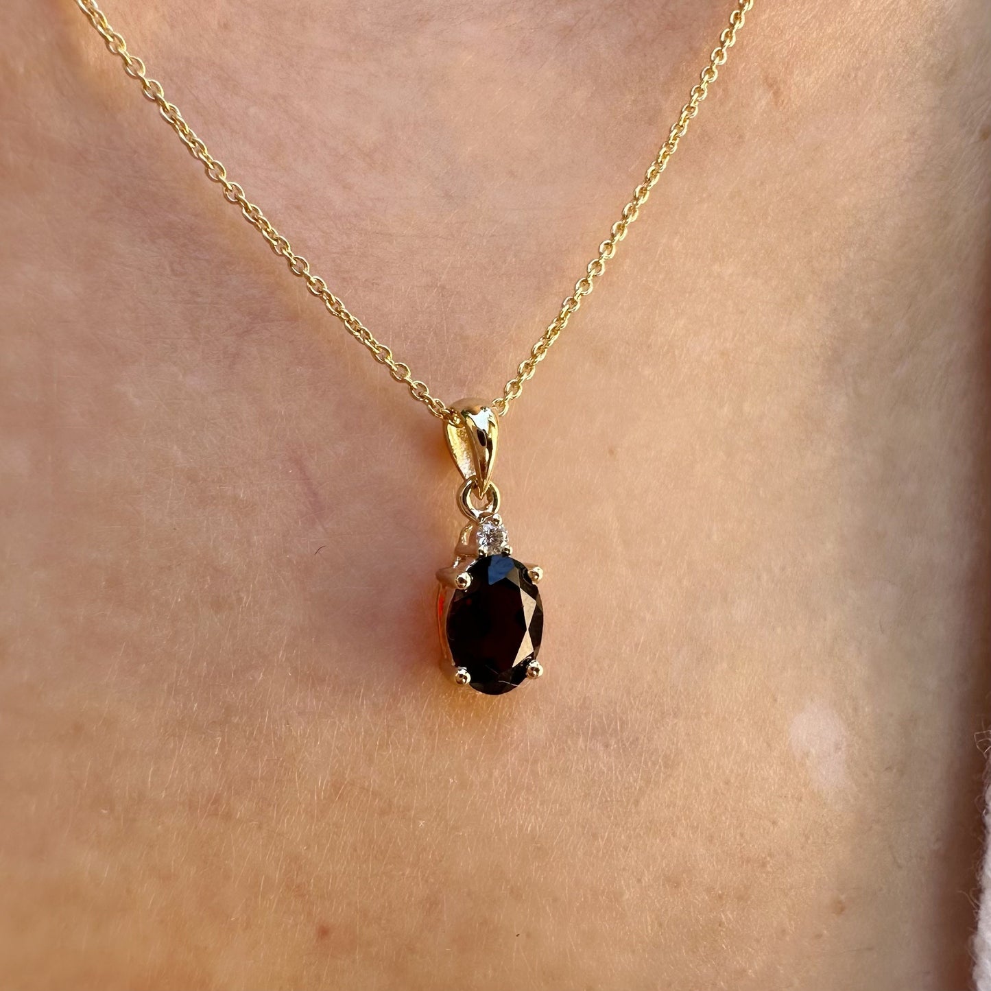 14K Solid Gold Genuine Oval Garnet and Diamond Pendant