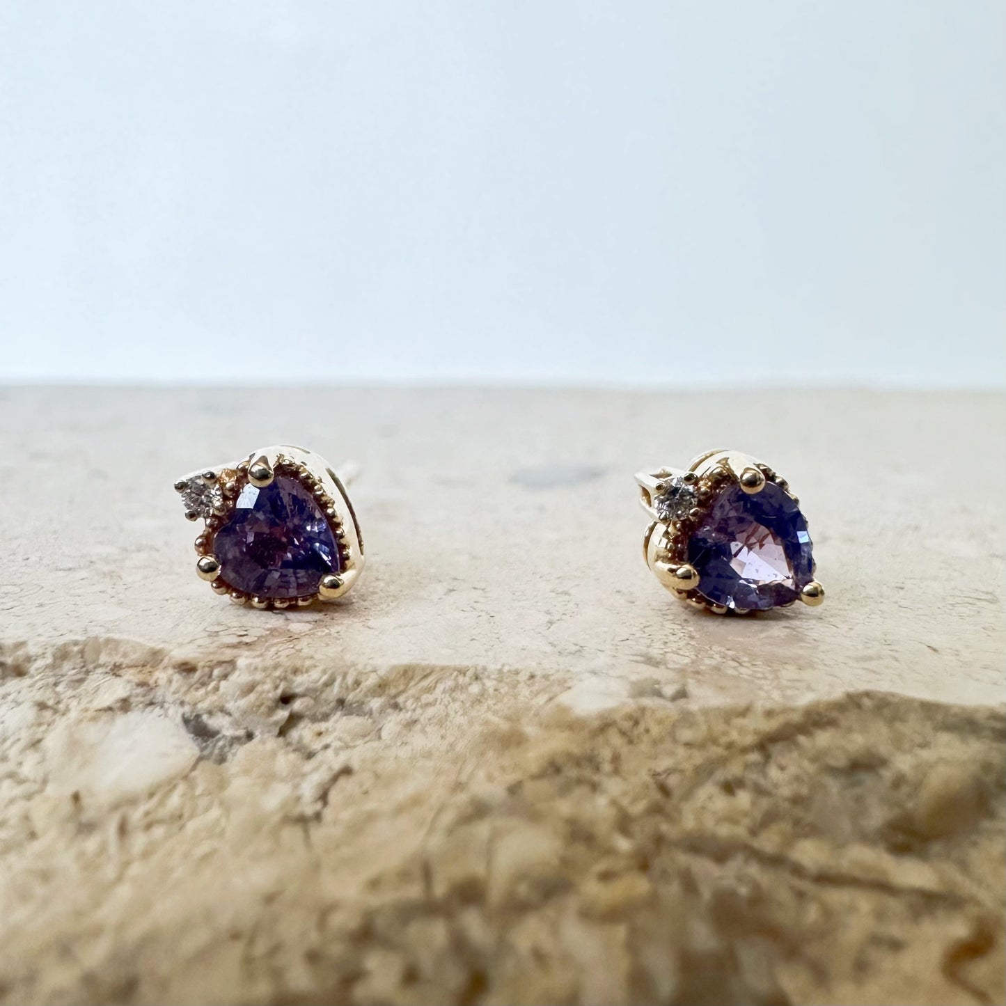 14K Solid Gold Genuine Purple Sapphire and Diamond Heart Studs/Pair