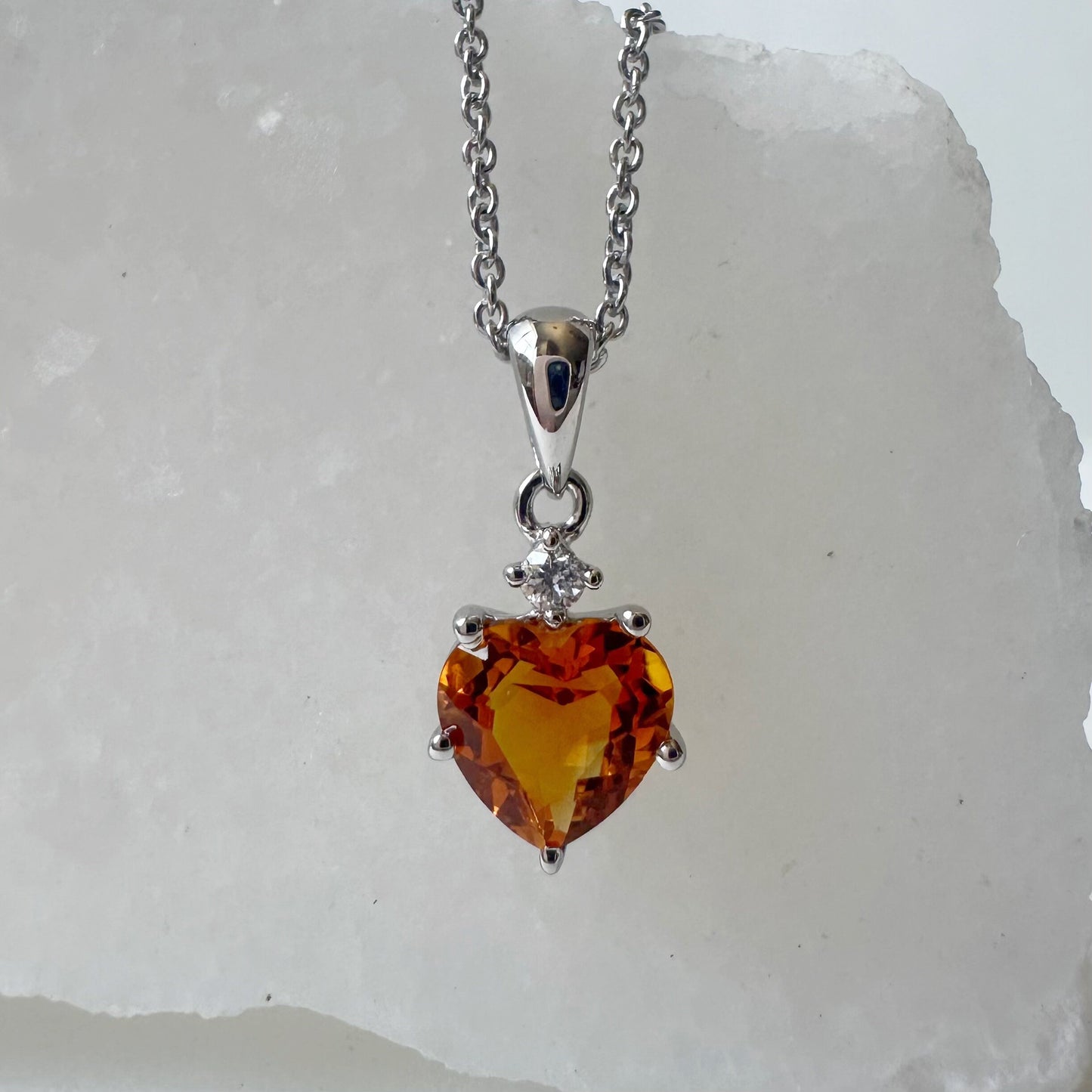 14K Solid Gold Genuine Citrine and Diamond Heart Pendant