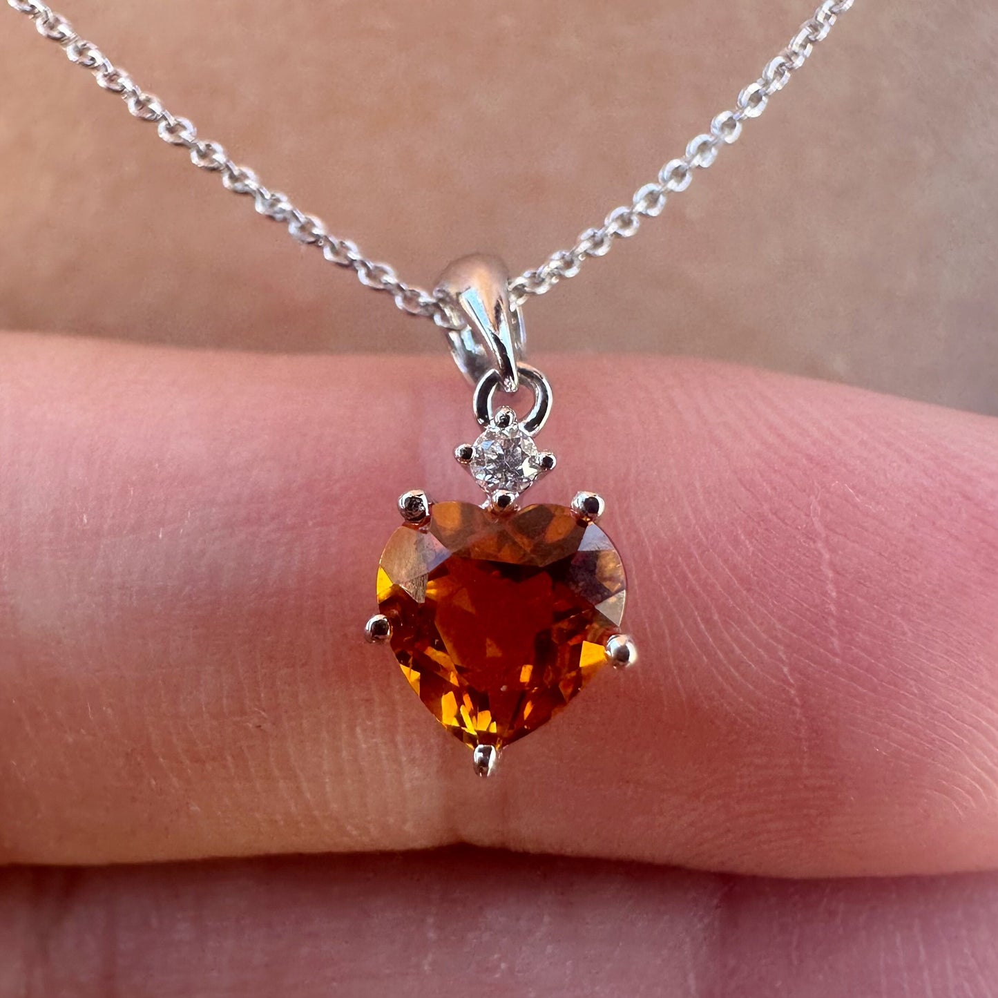 14K Solid Gold Genuine Citrine and Diamond Heart Pendant