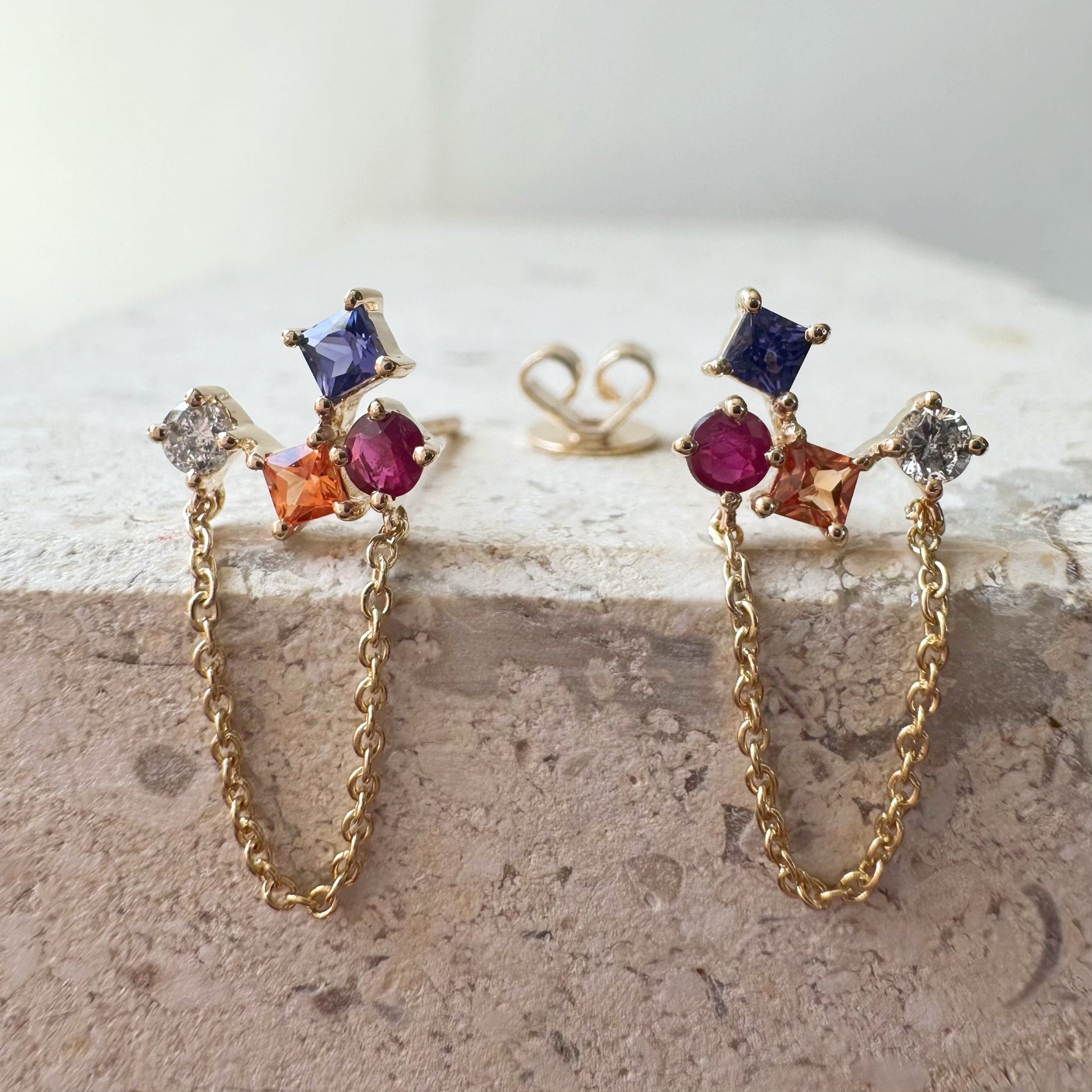 14K Solid Gold Genuine Gemstone Chain Earrings/Pair