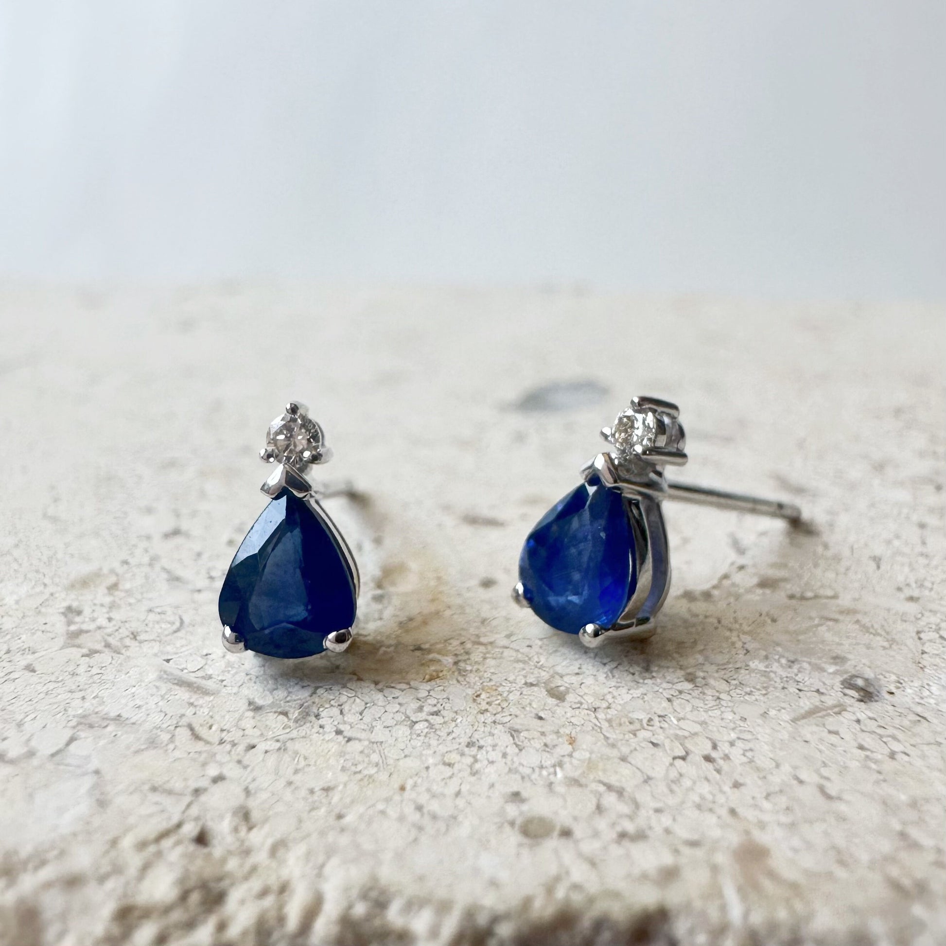 14K Solid White Gold Teardrop Sapphire and Diamond Studs