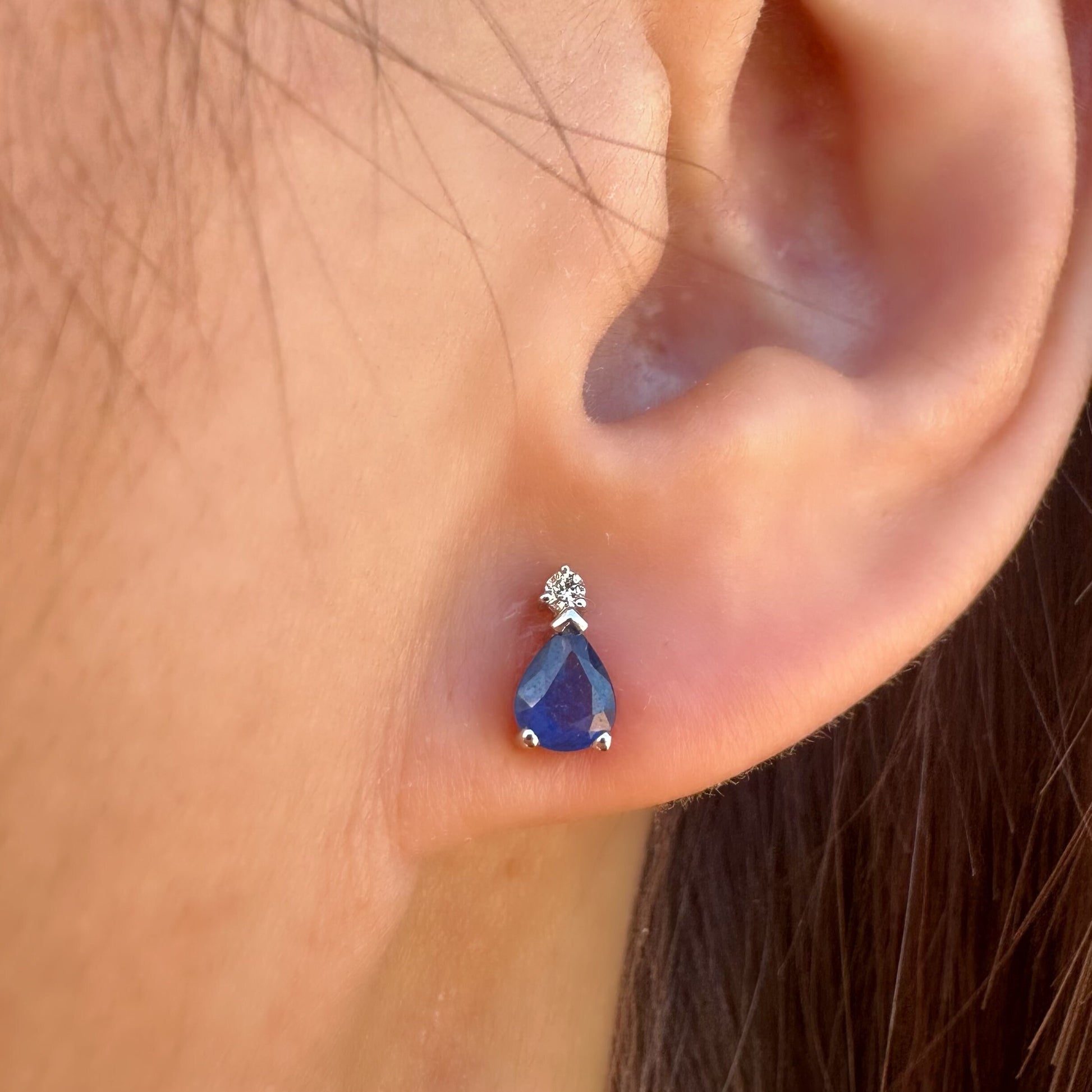 14K Solid White Gold Teardrop Sapphire and Diamond Studs