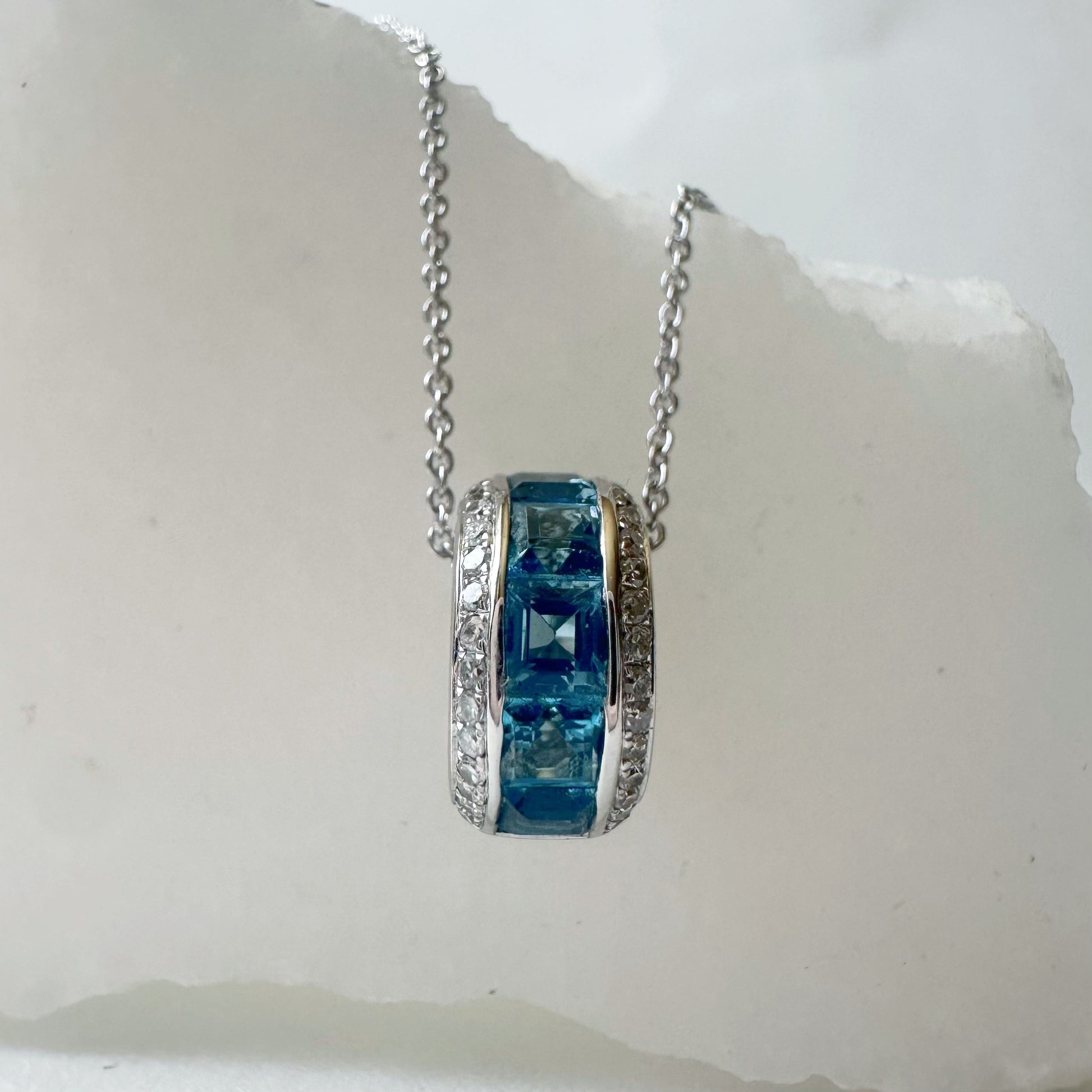 18K Solid White Gold Genuine Blue Topaz and Diamond Barrel Pendant