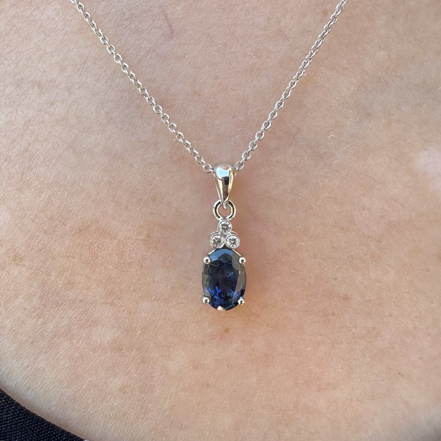 14K Solid White Gold Genuine Sapphire and Trio Diamond Pendant