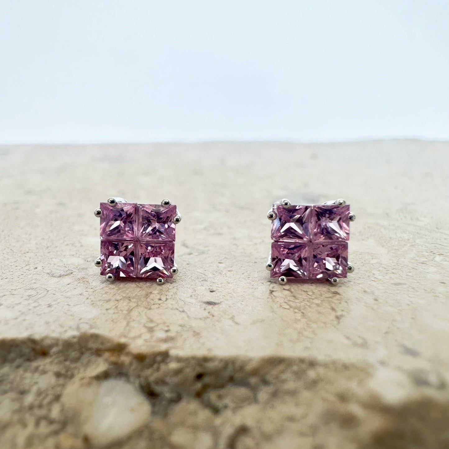 18K Solid White Gold Genuine Tetris Pink Sapphire Square Studs/Pair