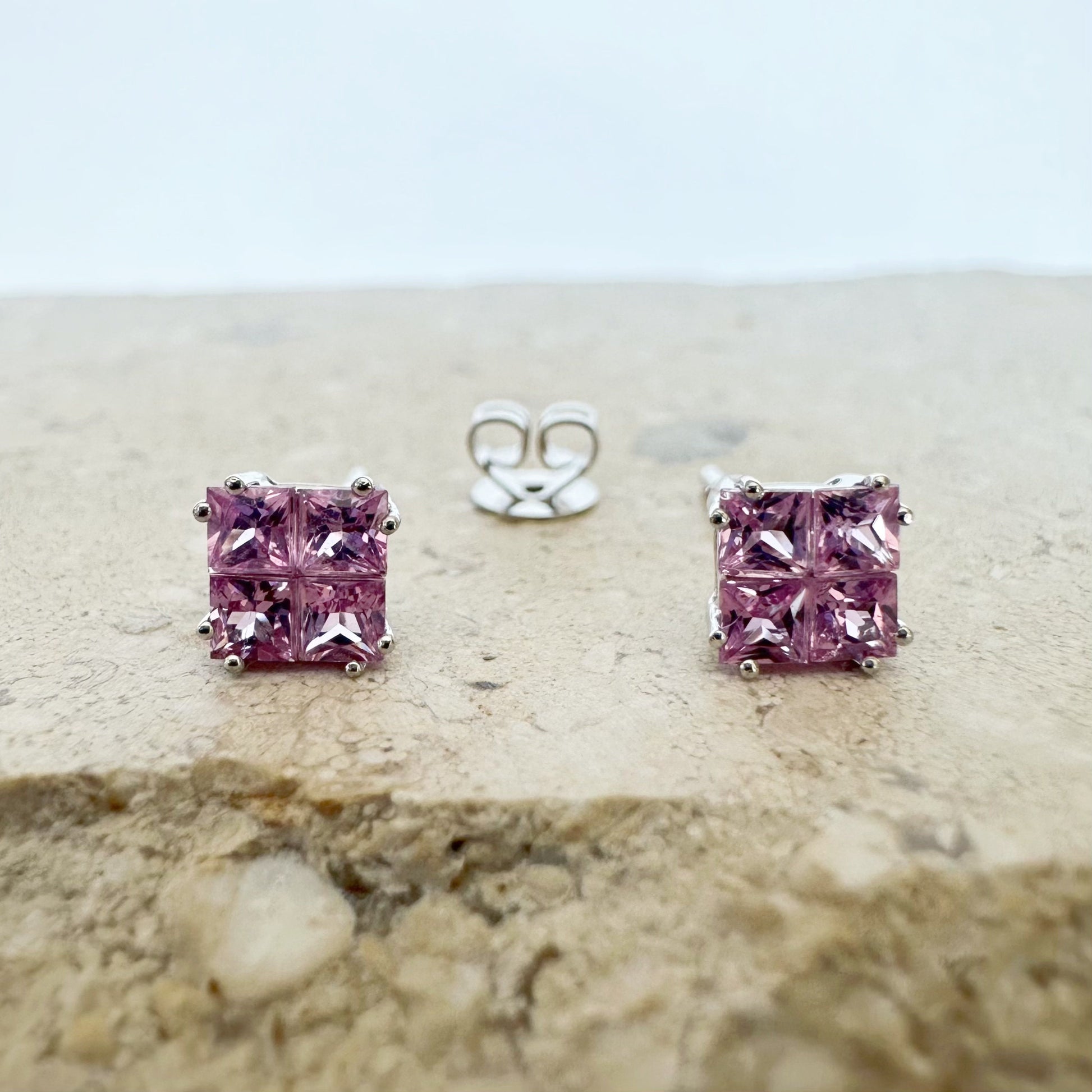 18K Solid White Gold Genuine Tetris Pink Sapphire Square Studs/Pair