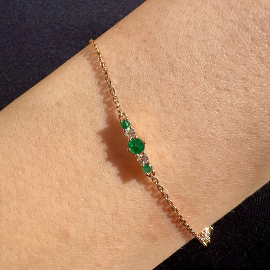 18K Solid Rose Gold Genuine Emerald and Diamond Bracelet