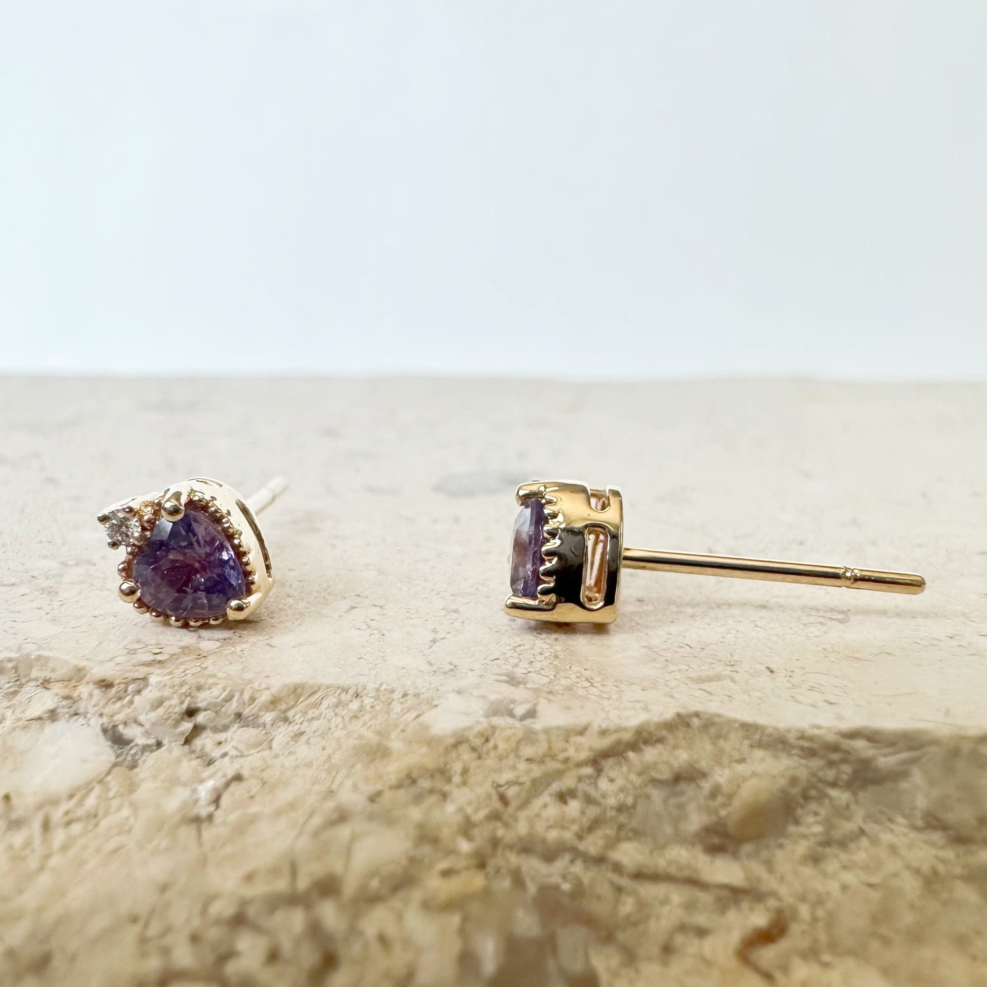 14K Solid Gold Genuine Purple Sapphire and Diamond Heart Studs/Pair