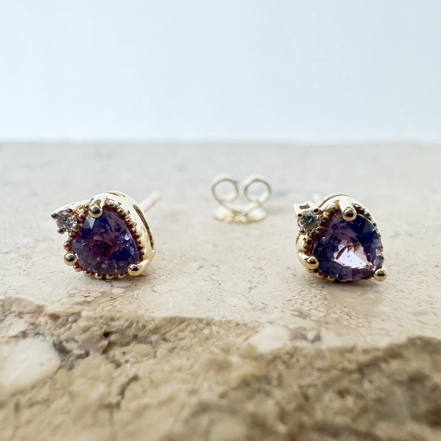 14K Solid Gold Genuine Purple Sapphire and Diamond Heart Studs/Pair