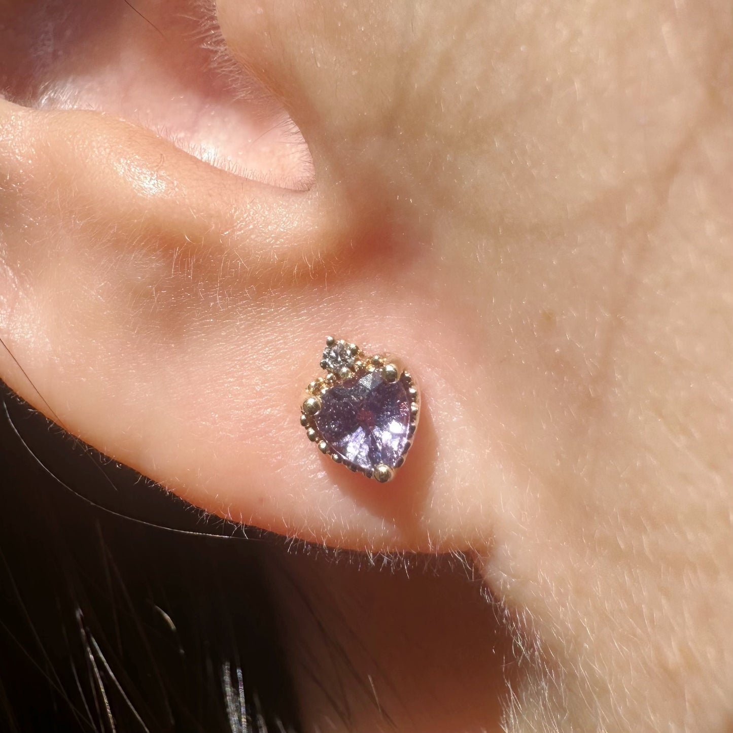 14K Solid Gold Genuine Purple Sapphire and Diamond Heart Studs/Pair