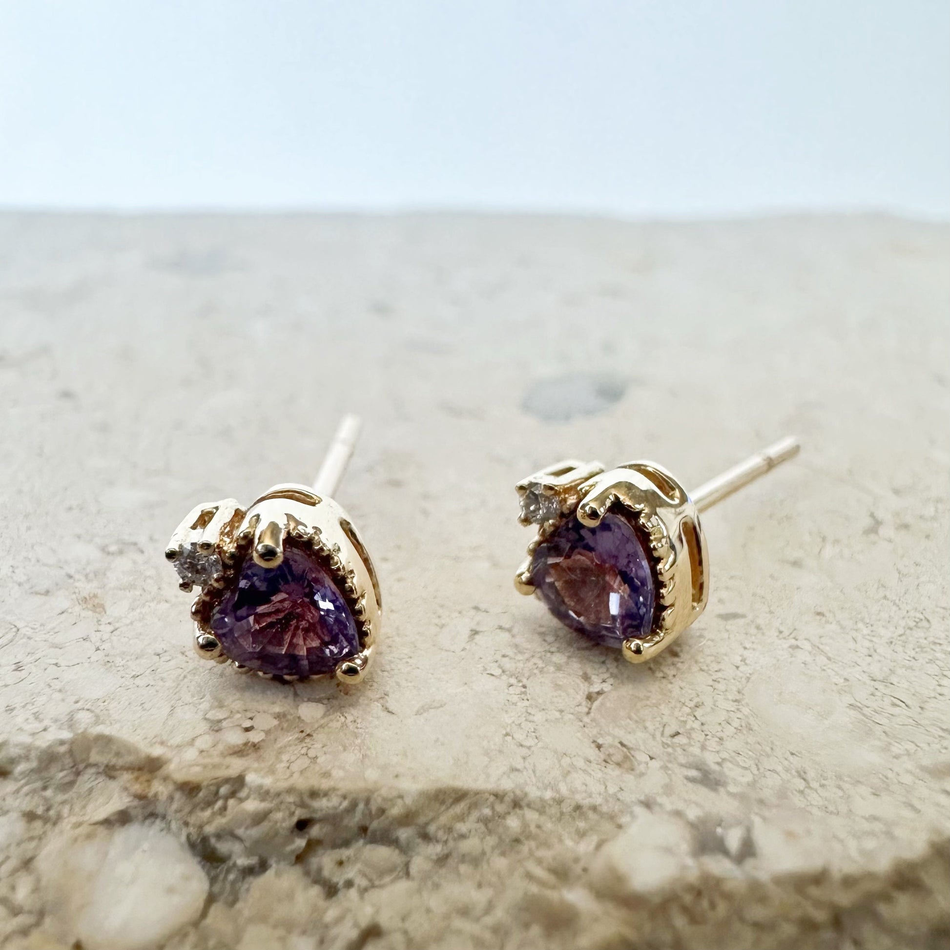 14K Solid Gold Genuine Purple Sapphire and Diamond Heart Studs/Pair