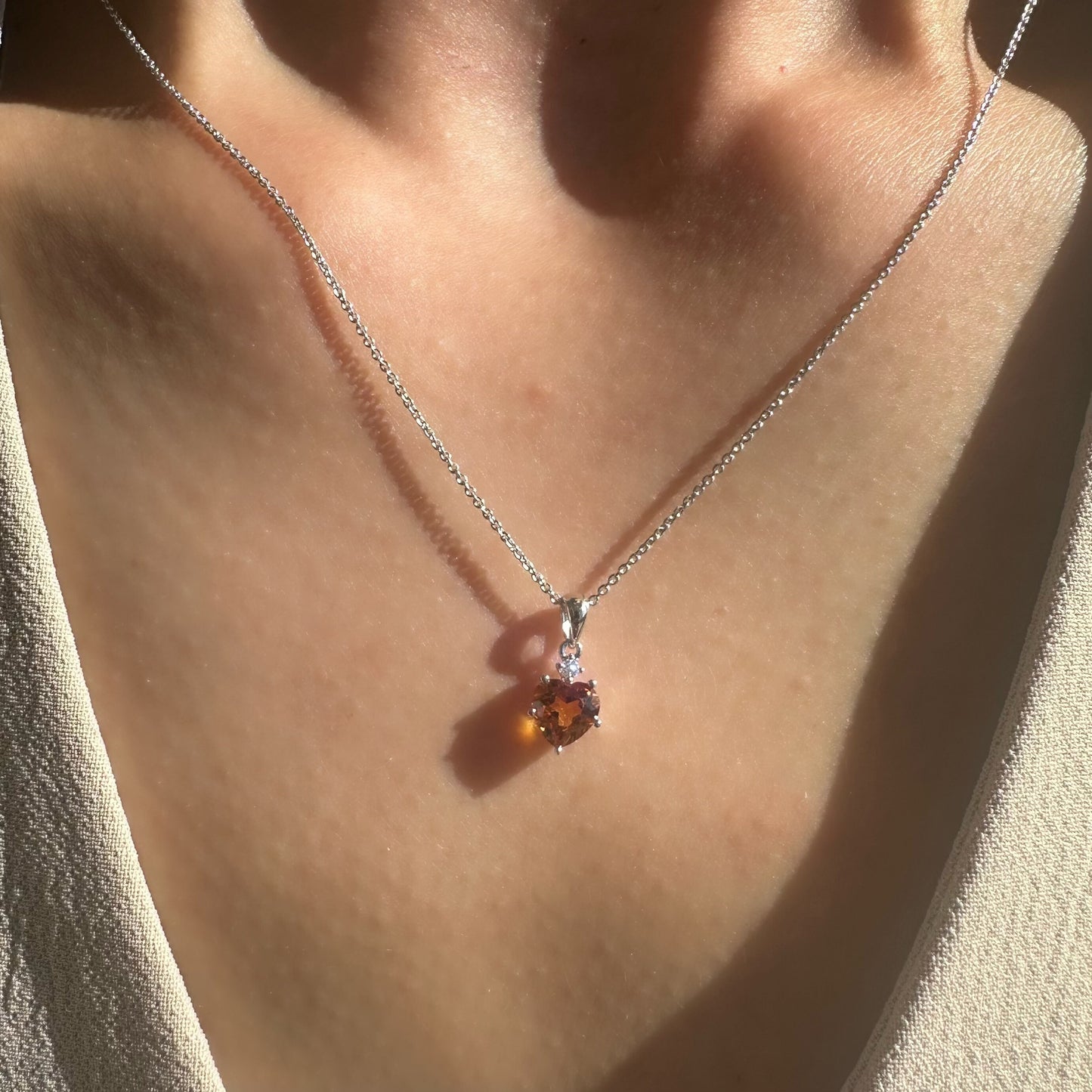 14K Solid Gold Genuine Citrine and Diamond Heart Pendant