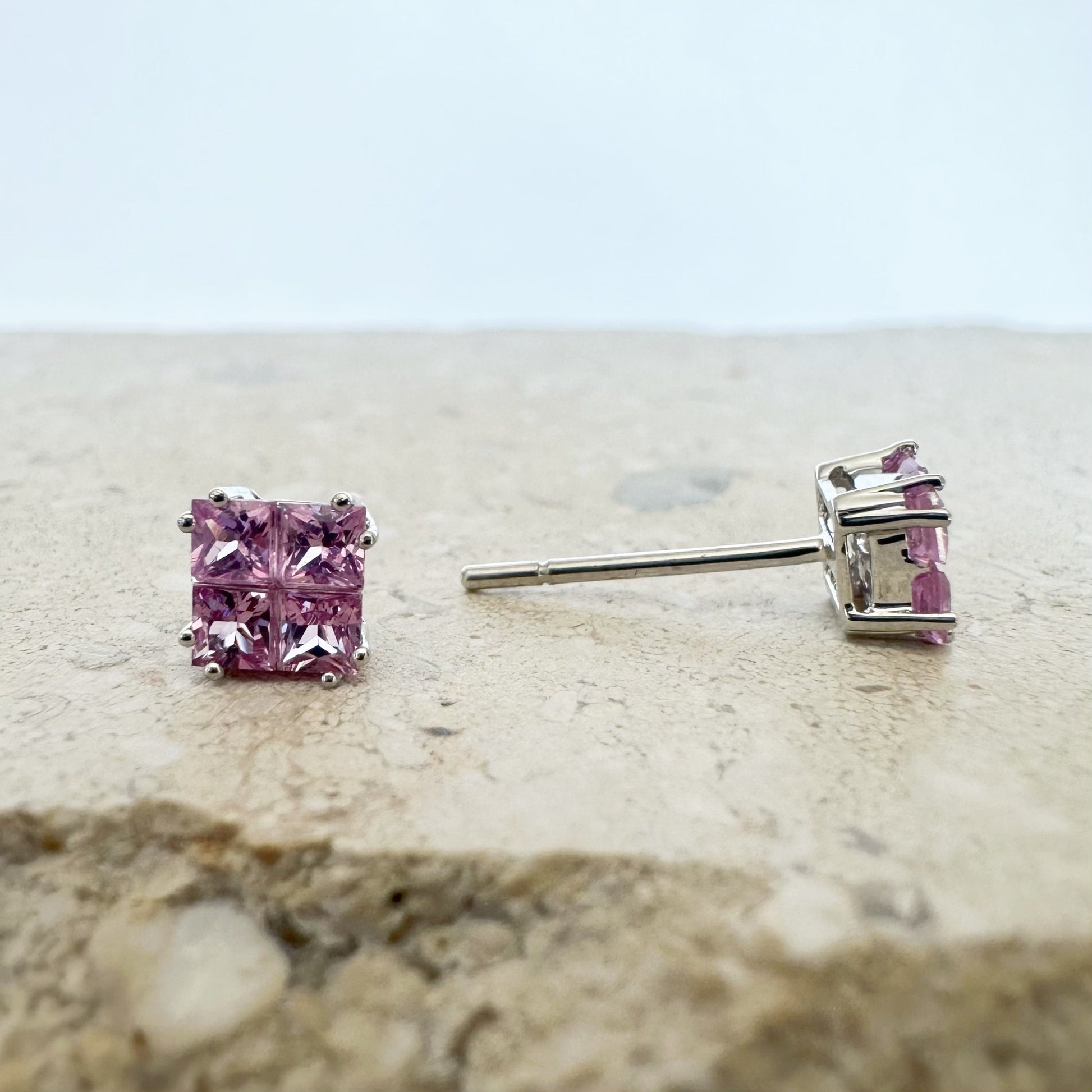 18K Solid White Gold Genuine Tetris Pink Sapphire Square Studs/Pair