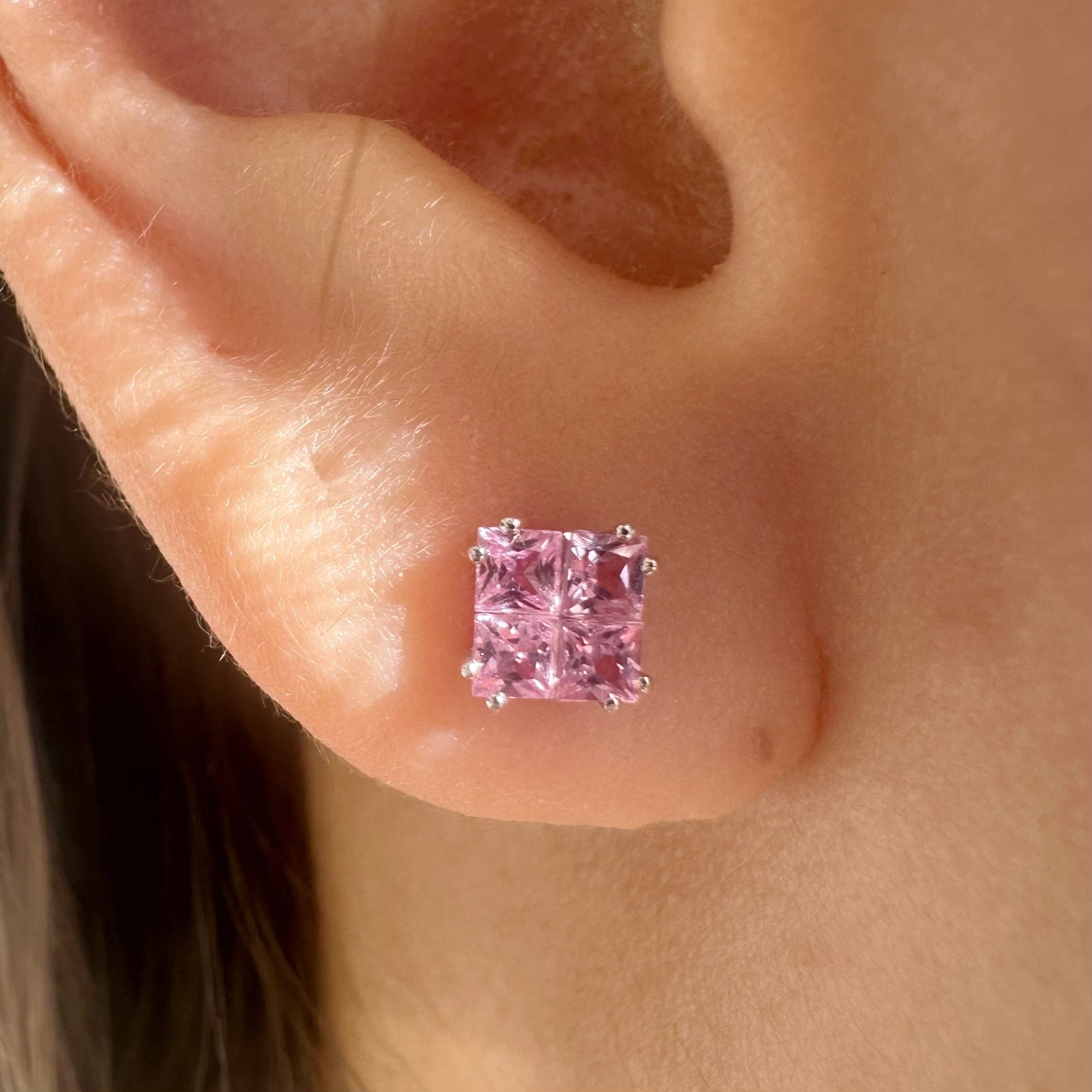 18K Solid White Gold Genuine Tetris Pink Sapphire Square Studs/Pair