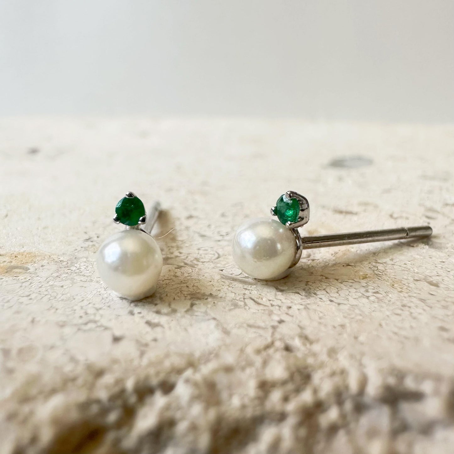 14K Solid White Gold Genuine Pearl and Emerald Mini Studs