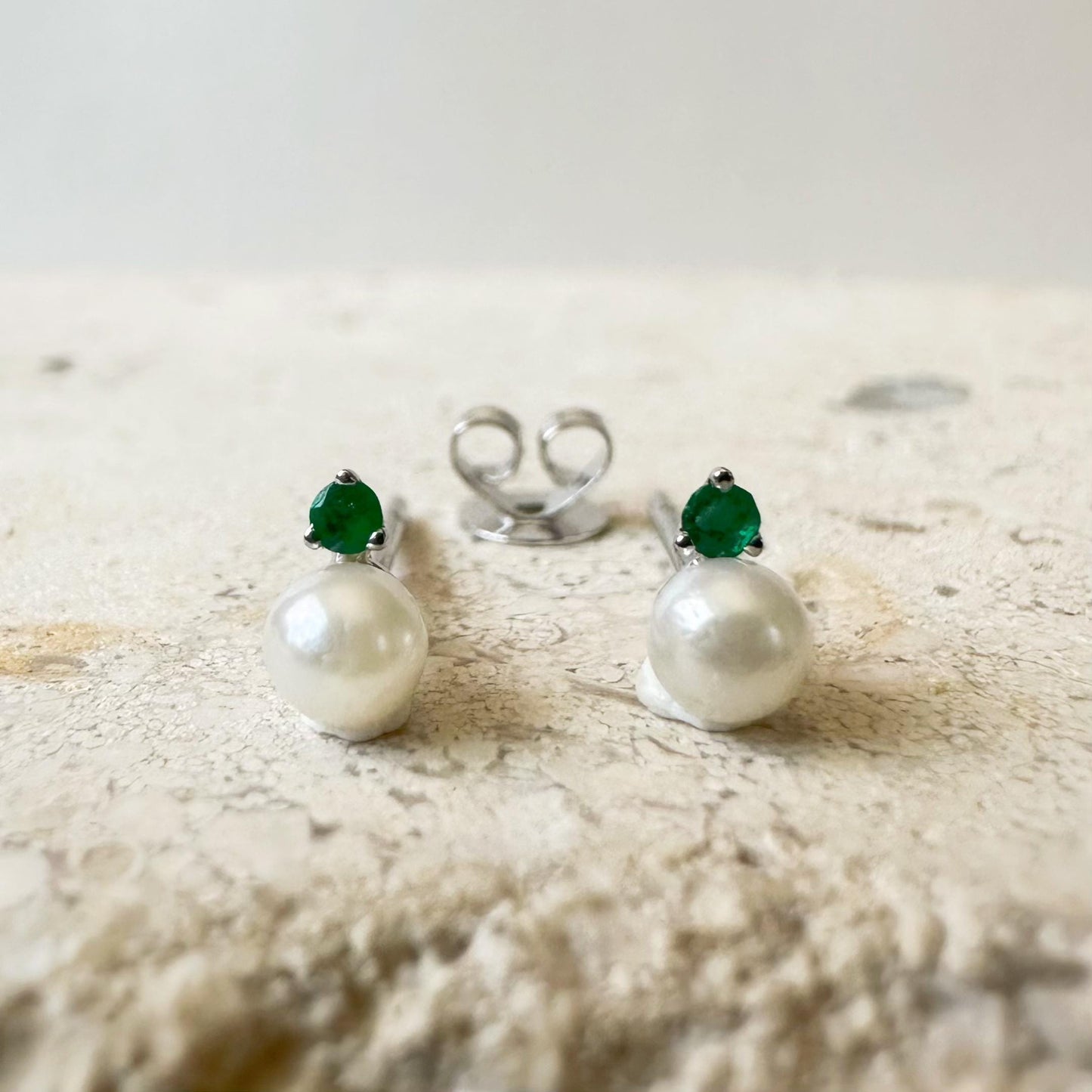 14K Solid White Gold Genuine Pearl and Emerald Mini Studs