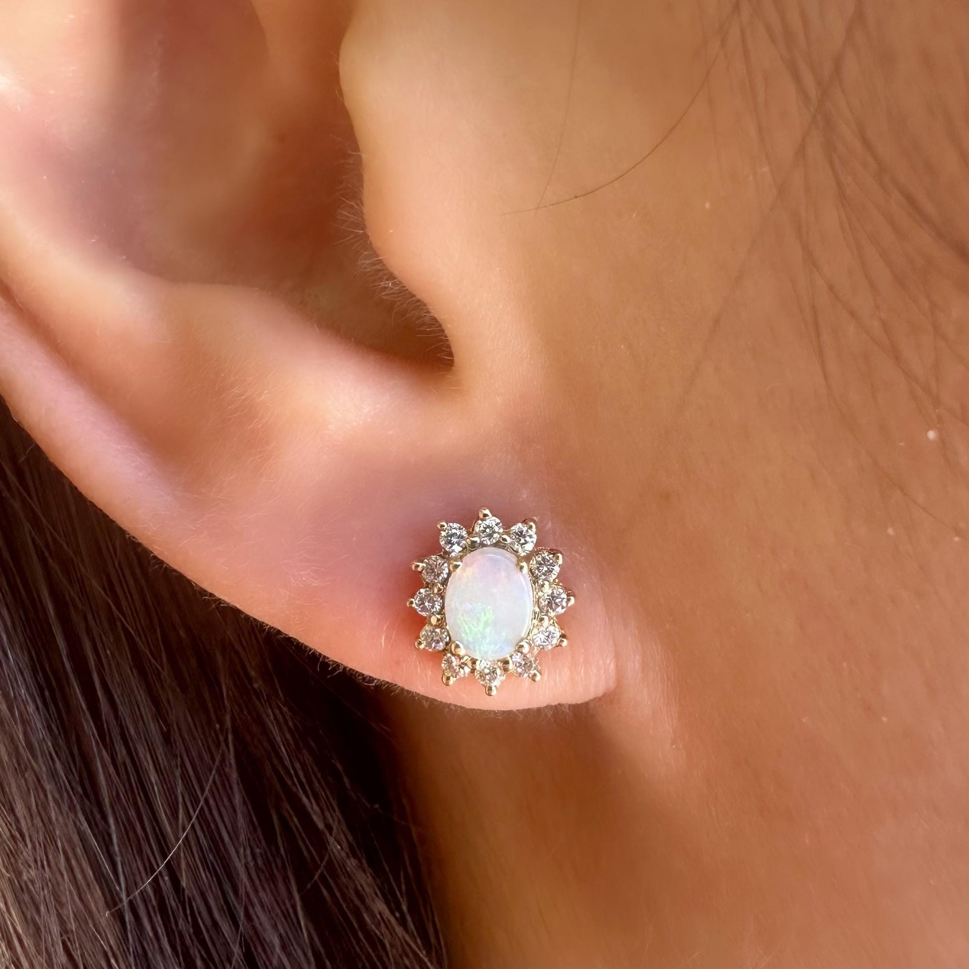 14K Solid Gold Genuine Opal and Diamond Halo Studs