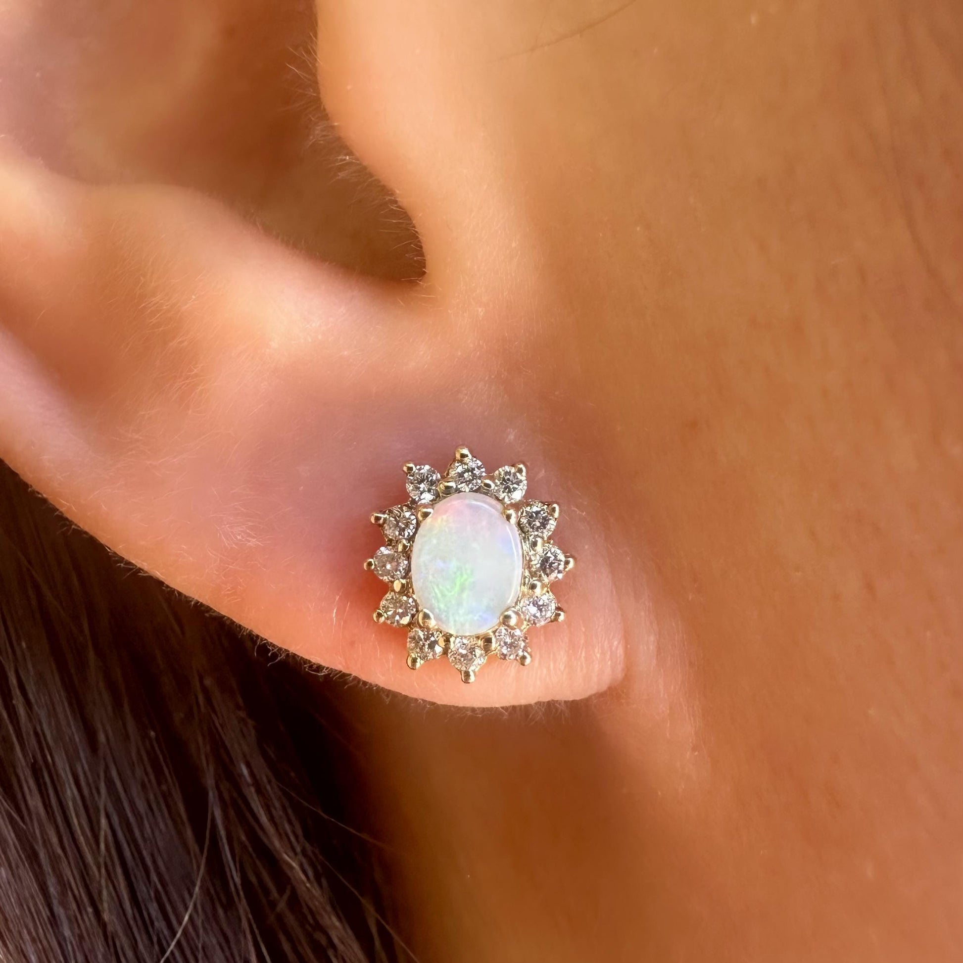 14K Solid Gold Genuine Opal and Diamond Halo Studs