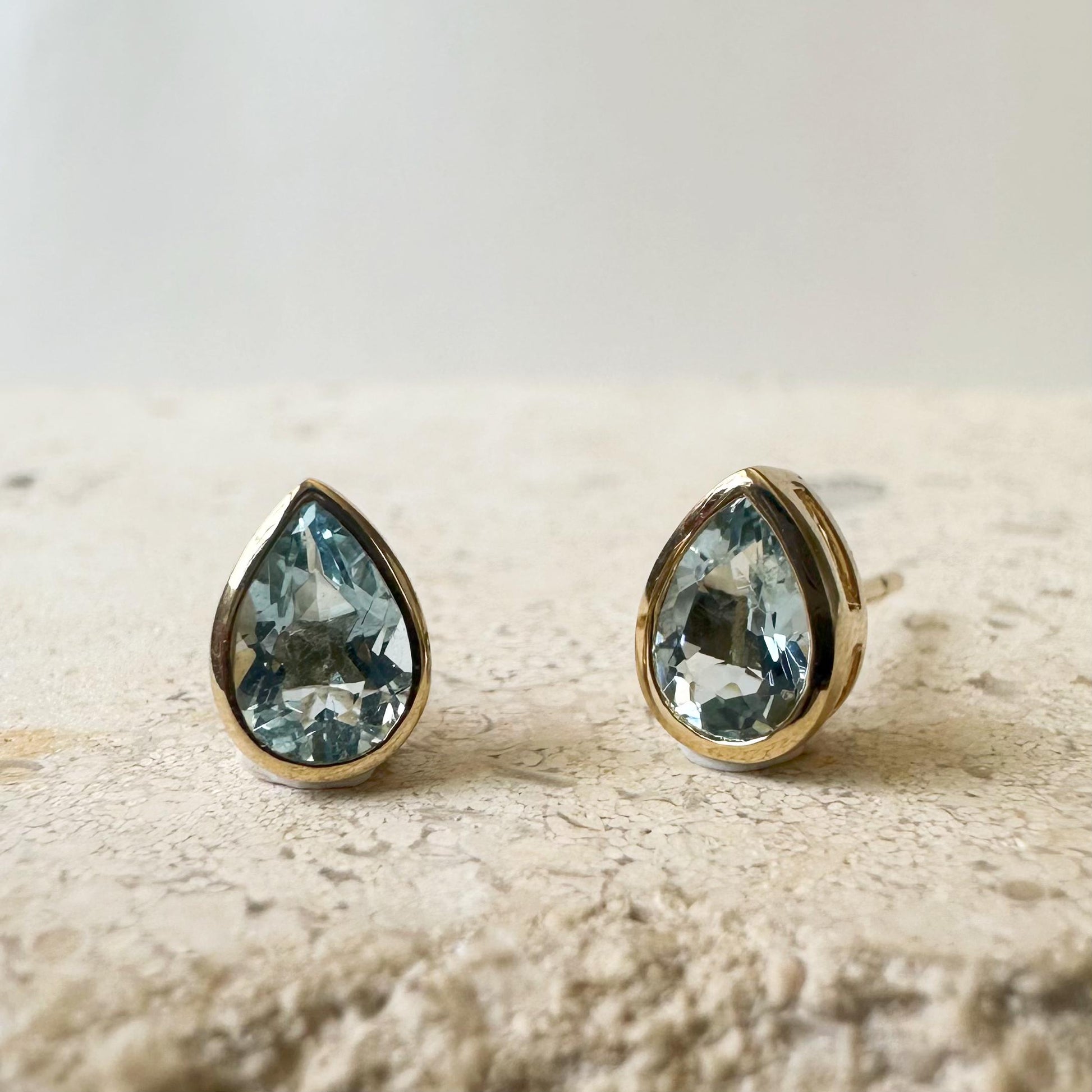 14K Solid Gold Genuine Teardrop Aquamarine Bezel Studs/Pair