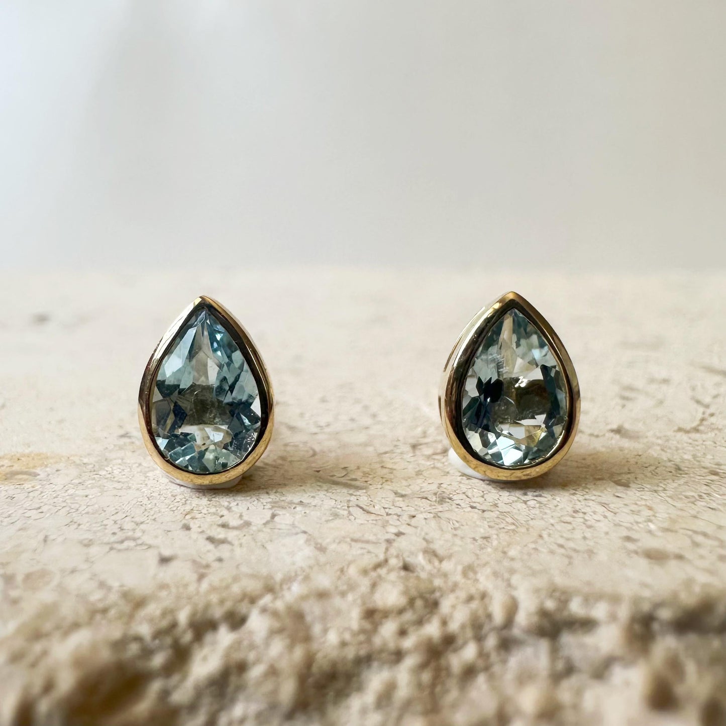 14K Solid Gold Genuine Teardrop Aquamarine Bezel Studs/Pair