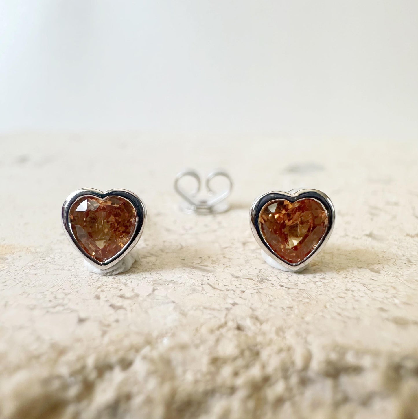 18K Solid White Gold Genuine Orange Sapphire Heart Studs/Pair