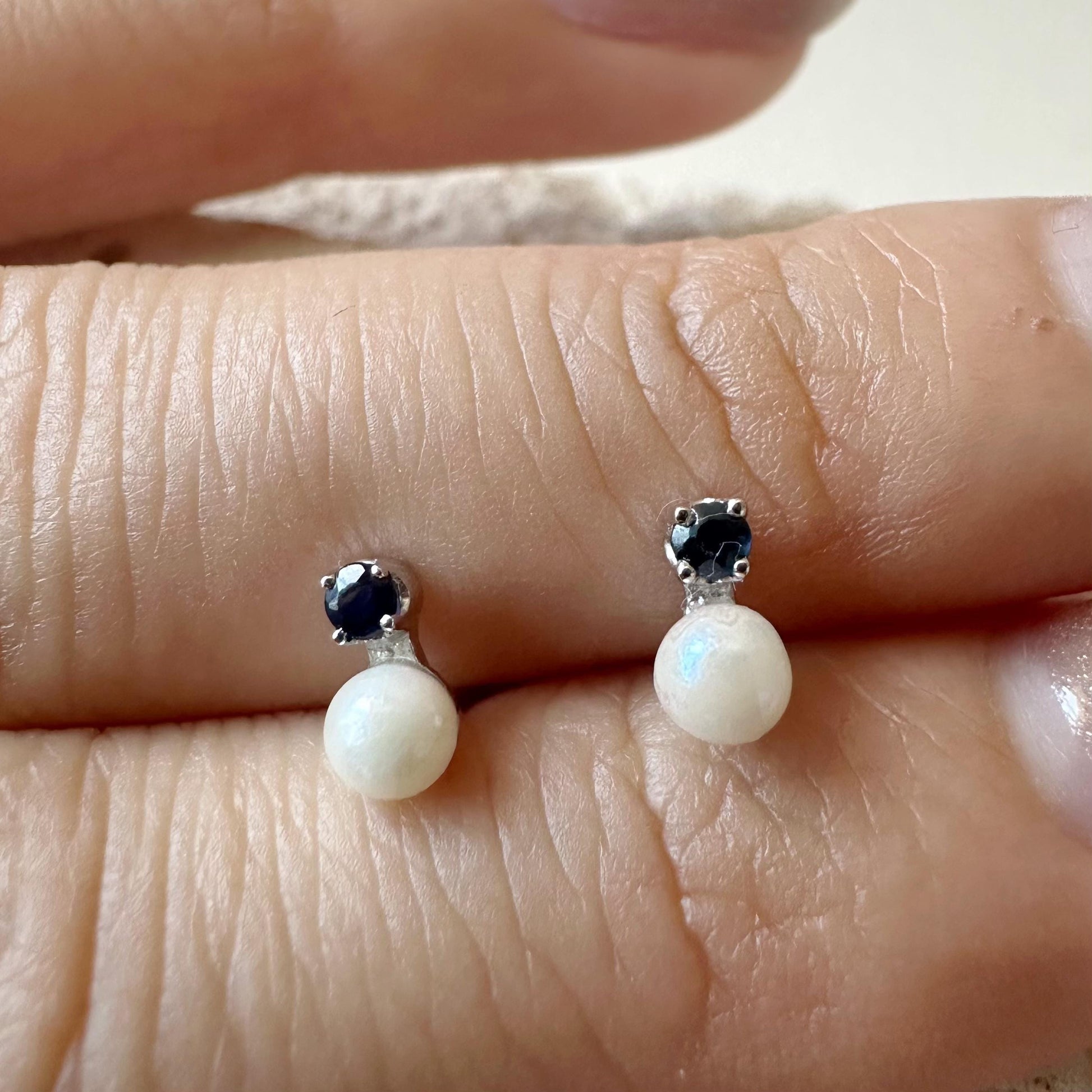 14K Solid Gold Genuine 3.5mm Mini Akoya Pearl and Sapphire Studs/Pair