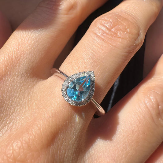 14K Solid Gold Genuine Blue Topaz and Diamond Teardrop Ring/Engagement Ring/Promise Ring