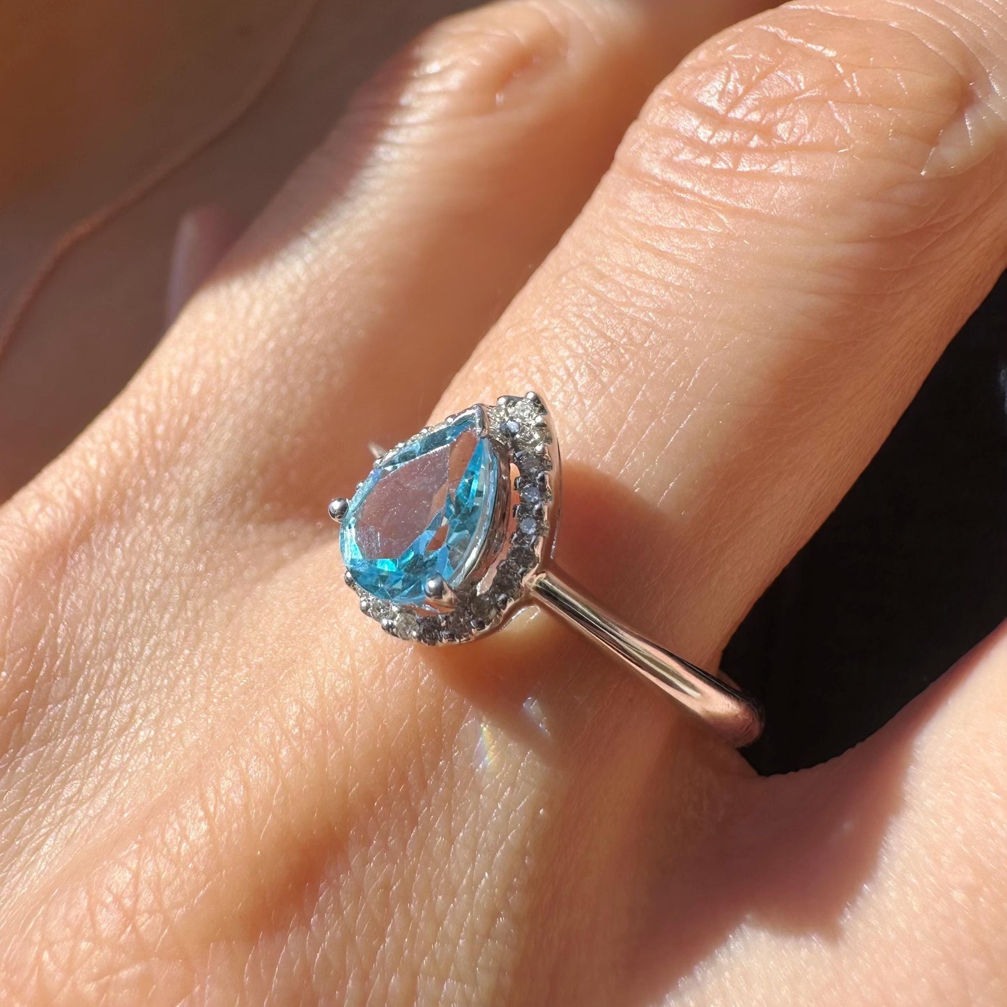 14K Solid Gold Genuine Blue Topaz and Diamond Teardrop Ring/Engagement Ring/Promise Ring