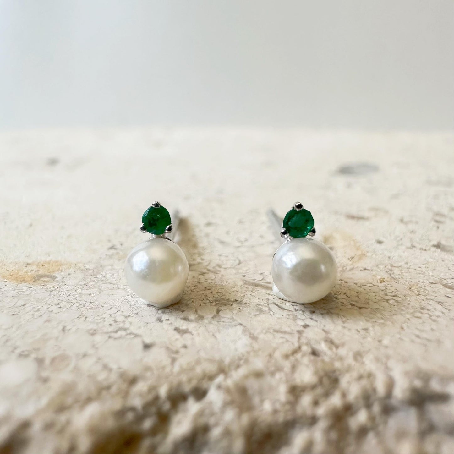 14K Solid White Gold Genuine Pearl and Emerald Mini Studs