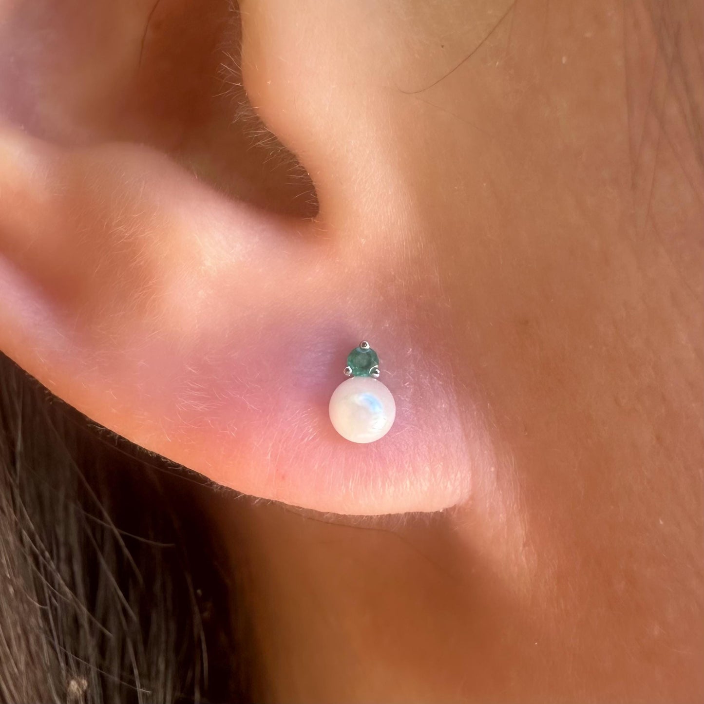 14K Solid White Gold Genuine Pearl and Emerald Mini Studs