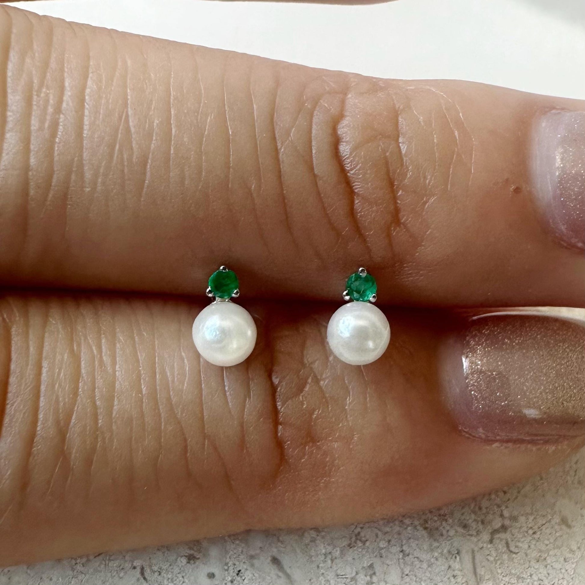 14K Solid White Gold Genuine Pearl and Emerald Mini Studs