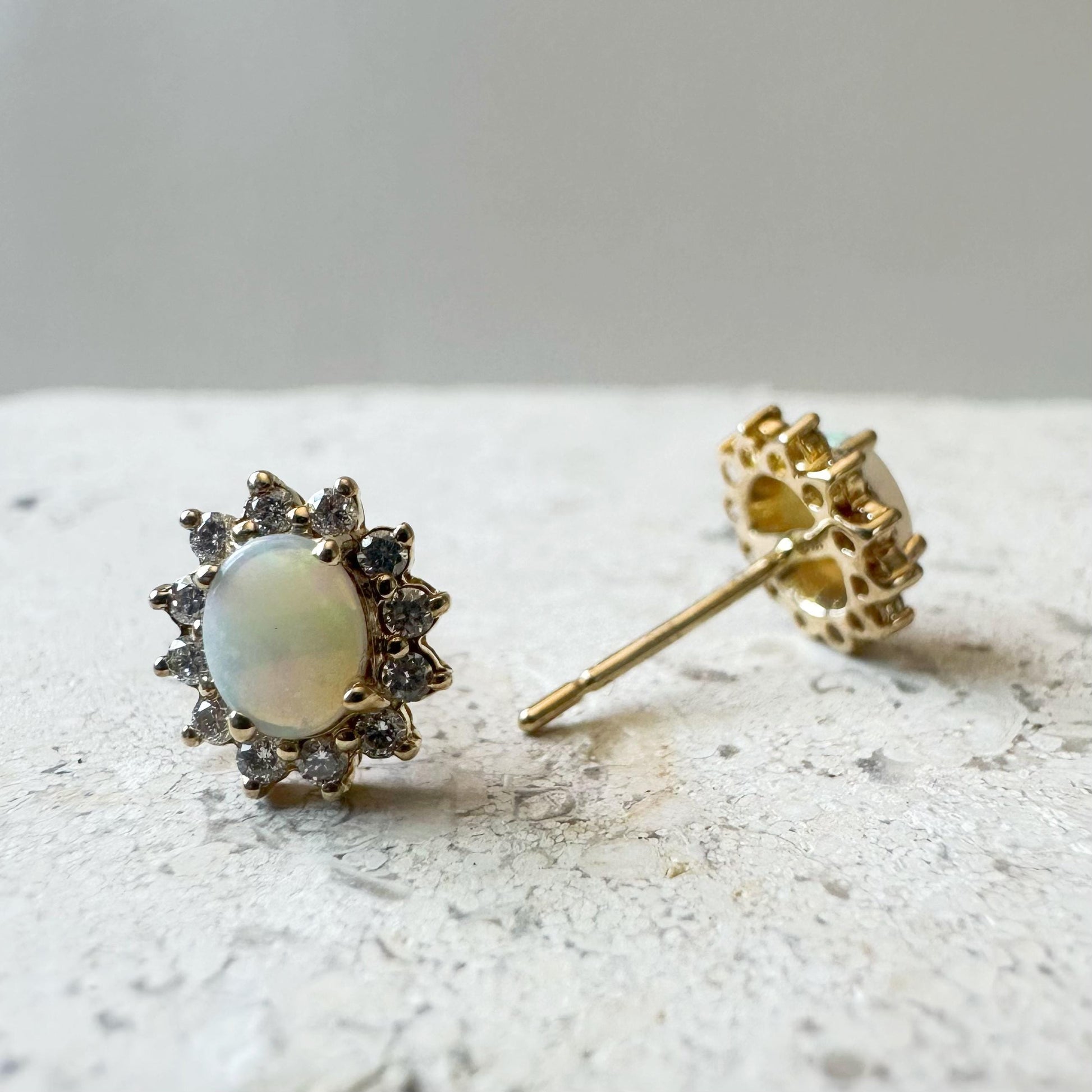 14K Solid Gold Genuine Opal and Diamond Halo Studs