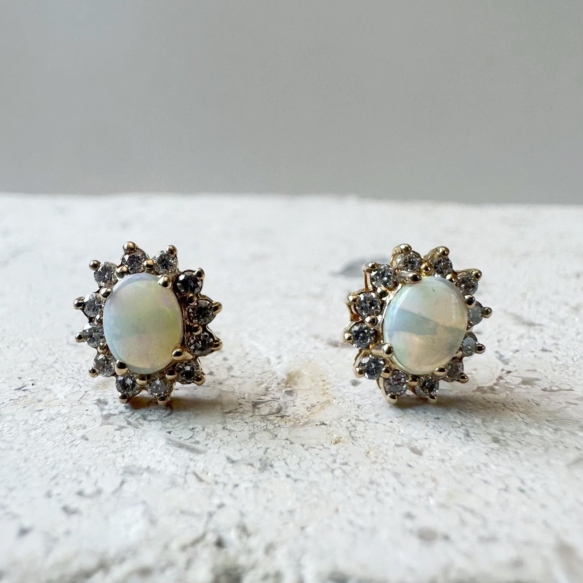 14K Solid Gold Genuine Opal and Diamond Halo Studs