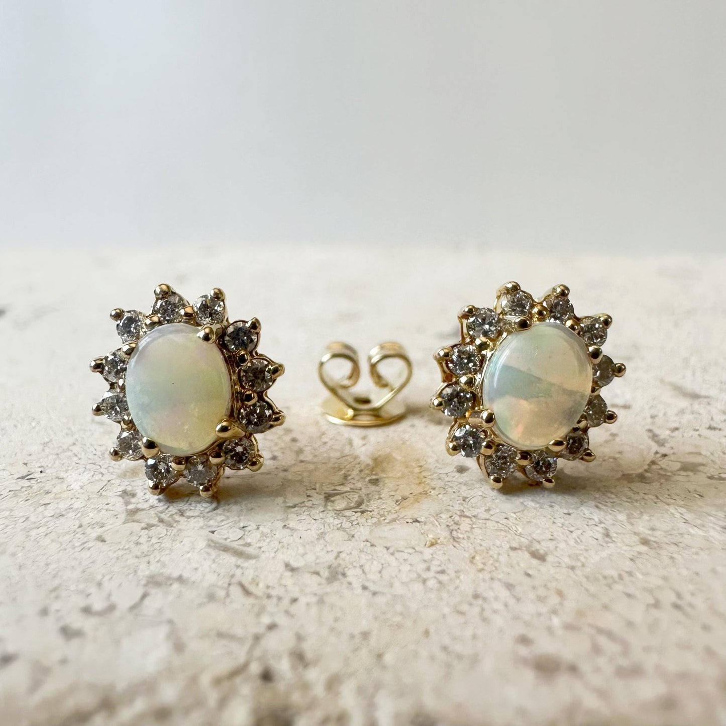 14K Solid Gold Genuine Opal and Diamond Halo Studs