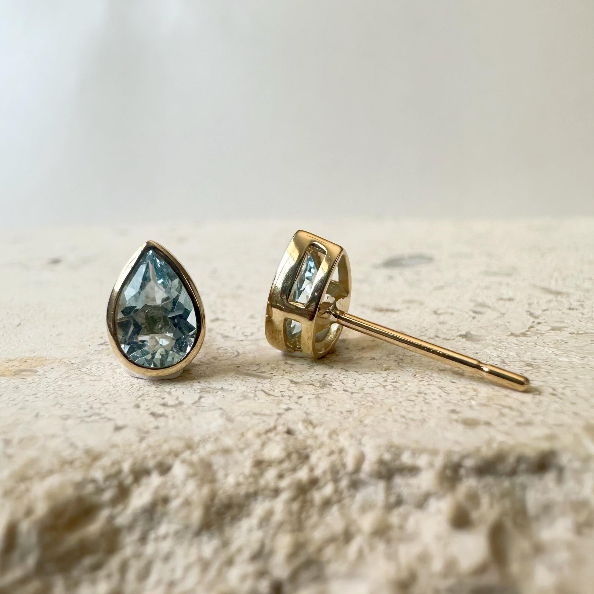 14K Solid Gold Genuine Teardrop Aquamarine Bezel Studs/Pair